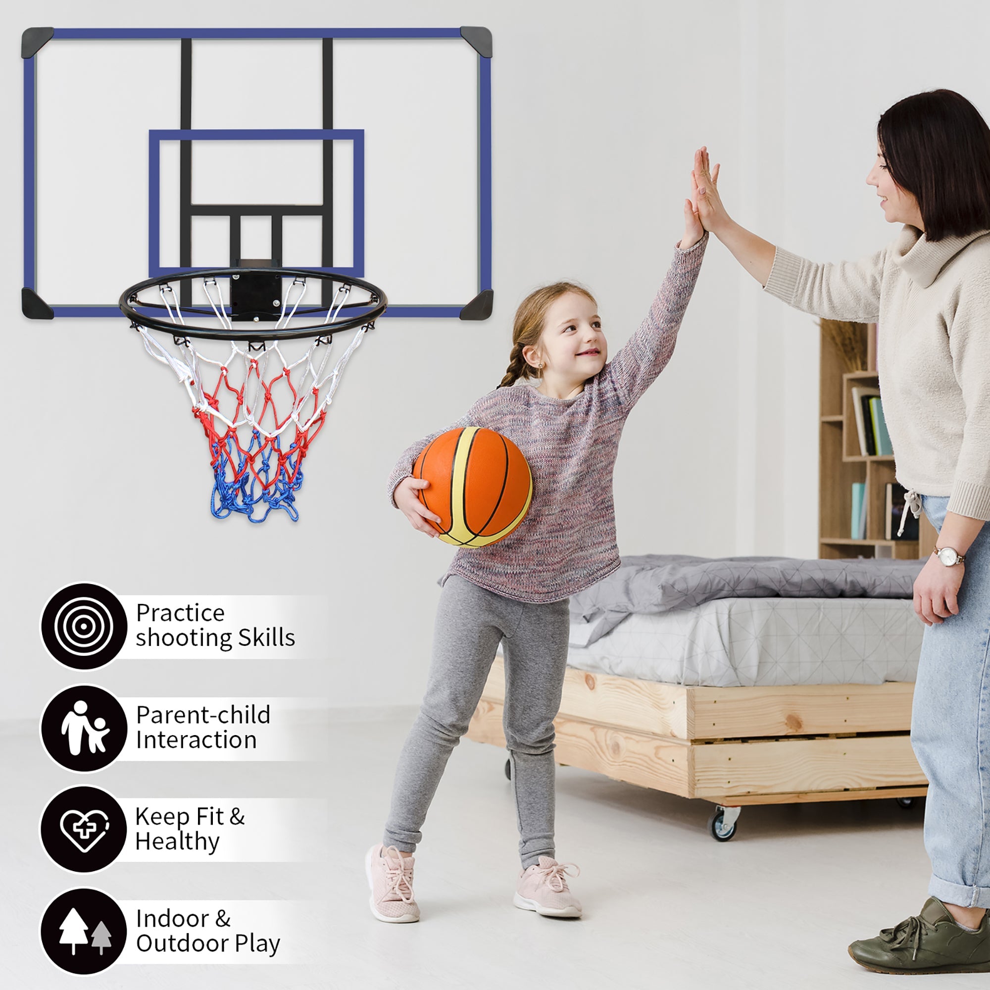 Logidon Wall Mounted Basketball Hoop Adjustable Height Blue Metal Frame