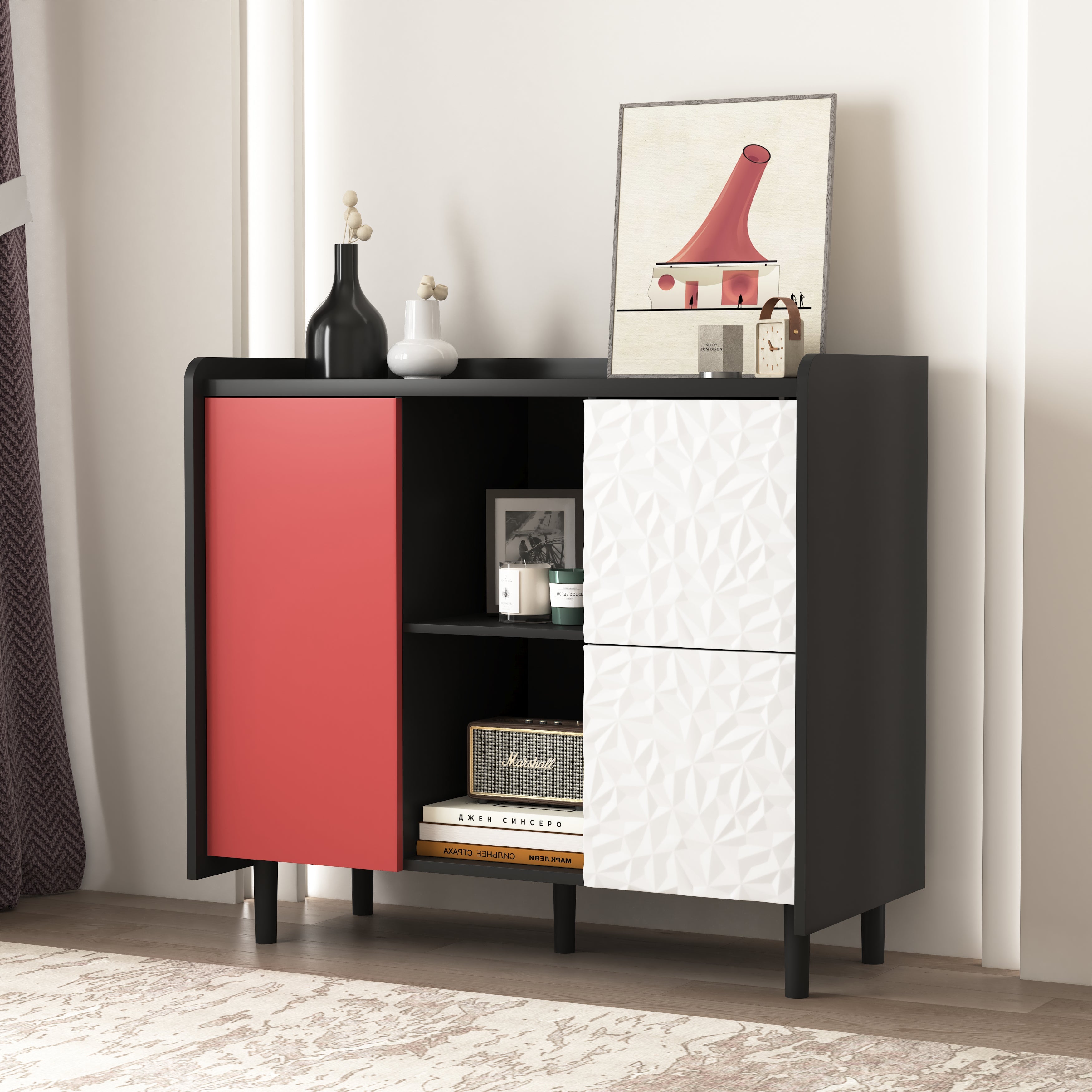 Logidon Dressoir Zwart Met Rode Deuren 2 Lades 90x40x80 cm