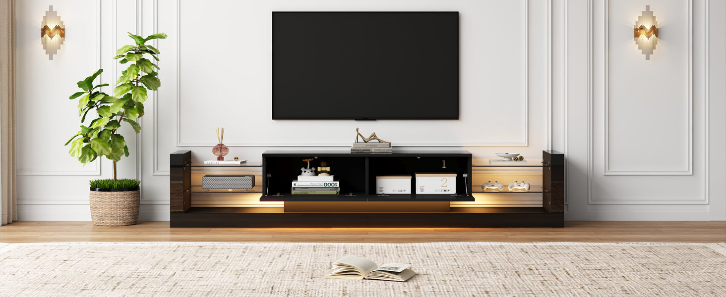 Logidon high-gloss TV cabinet 181 cm LED lighting black glass front