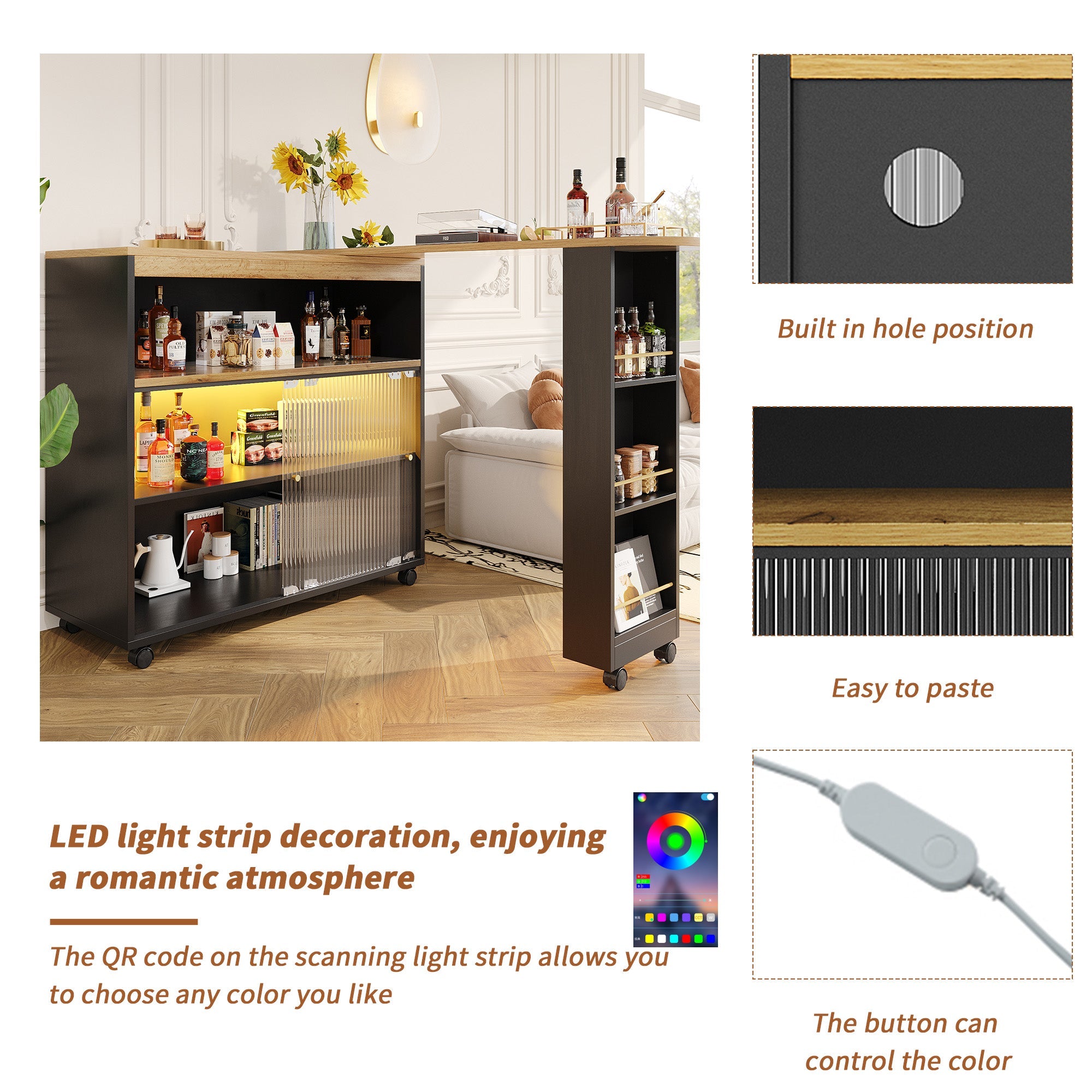 Logidon Uitschuifbare bartafel met opbergruimte en LED 138 tot 204 cm