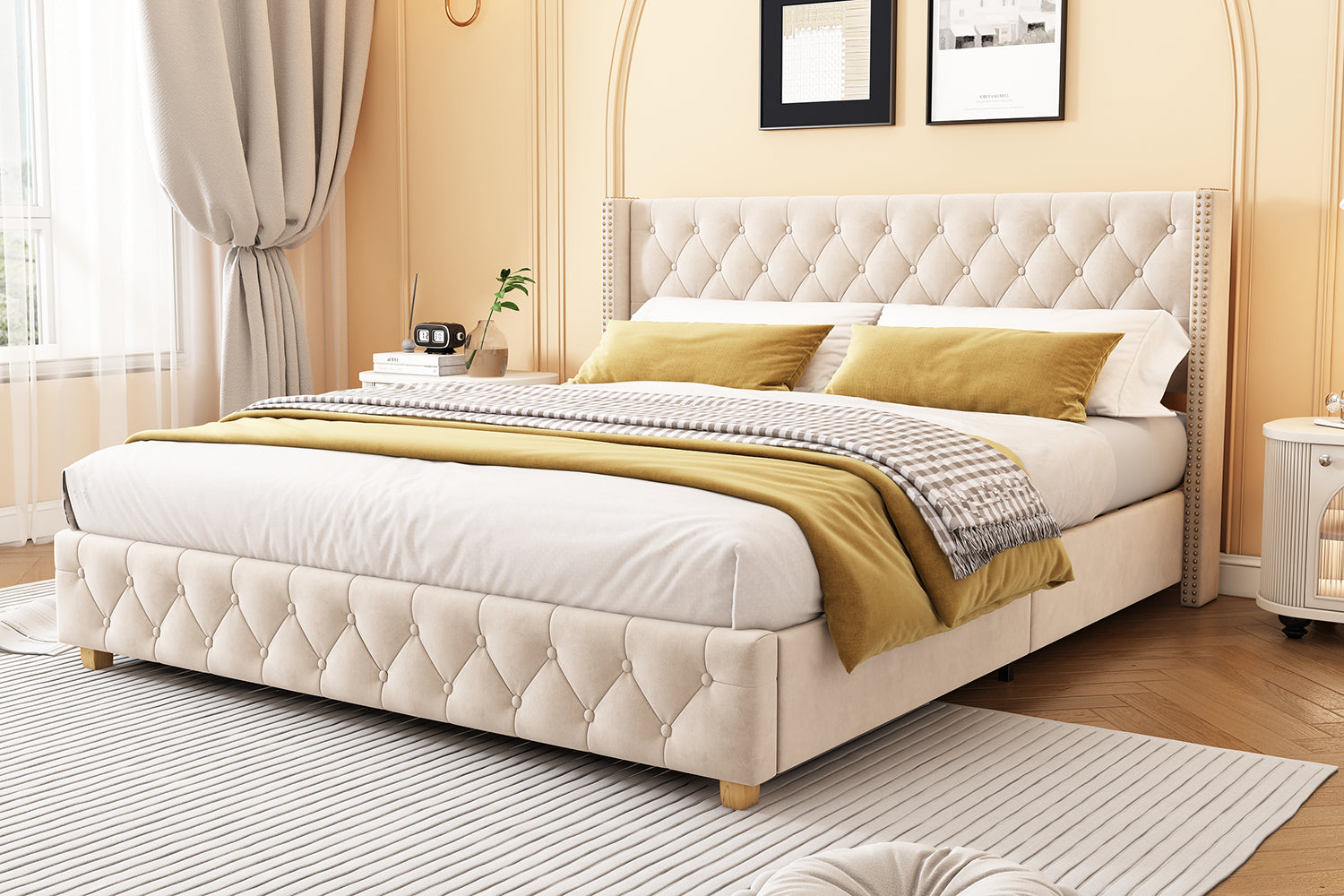 Logidon gestoffeerd bed 160x200 cm fluweel lichtbeige met lattenbodem