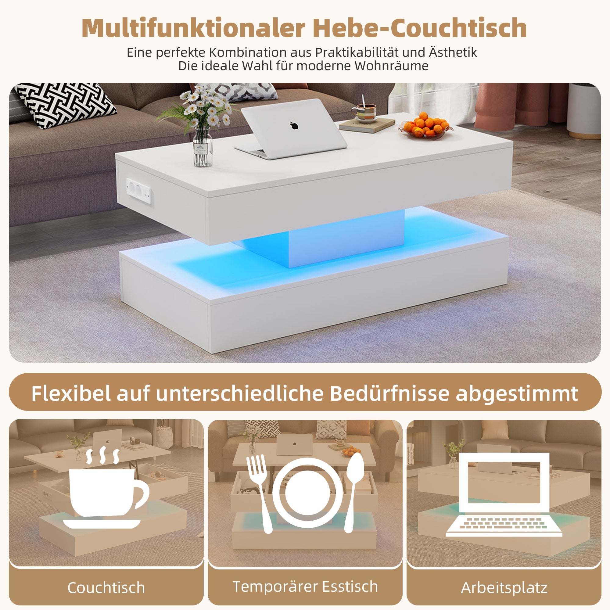 Logidon salontafel LED-verlichting en opbergruimte wit 100x50 cm