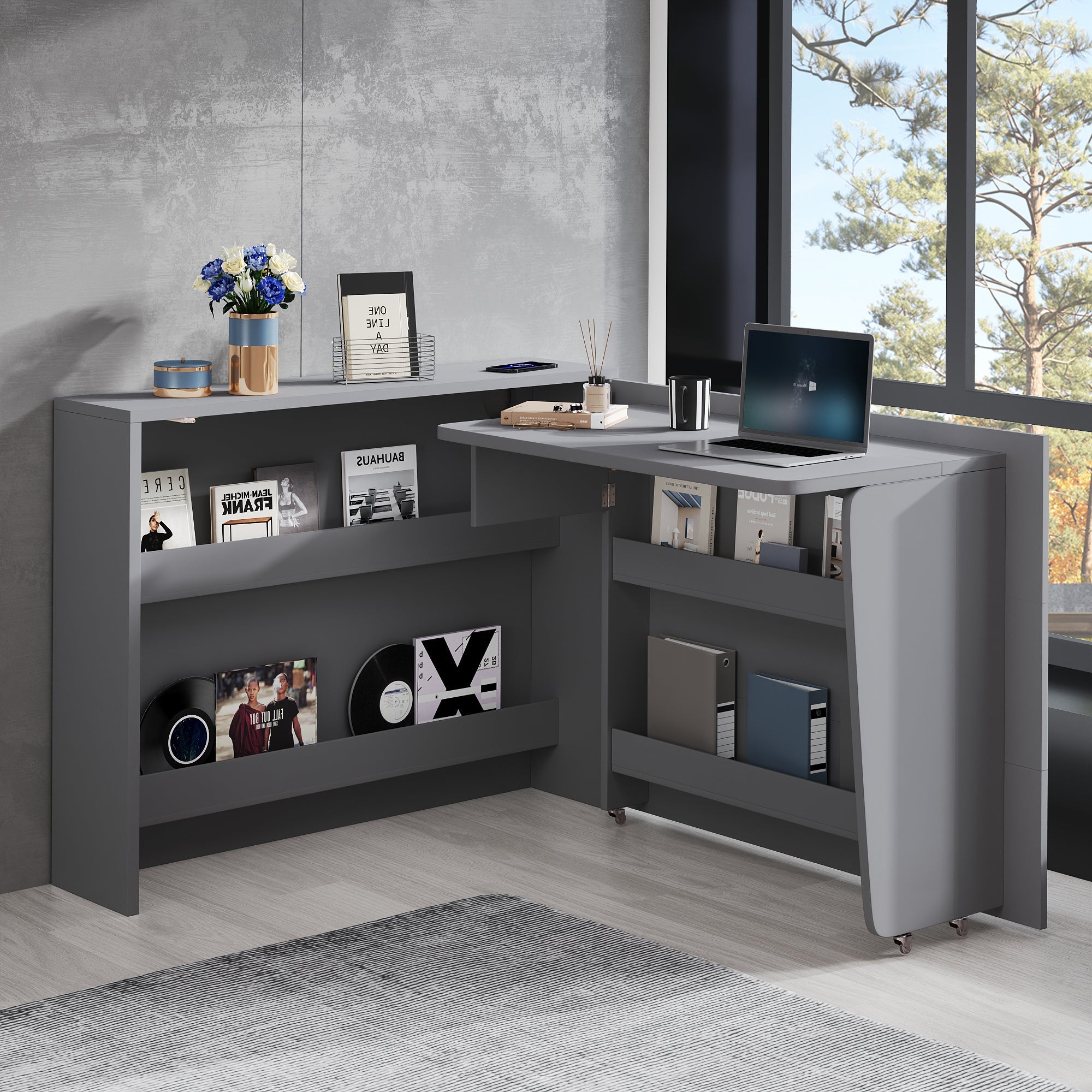 Logidon Opvouwbaar Bureau met Wielen en Draadloze Oplader 2in1 Grijs