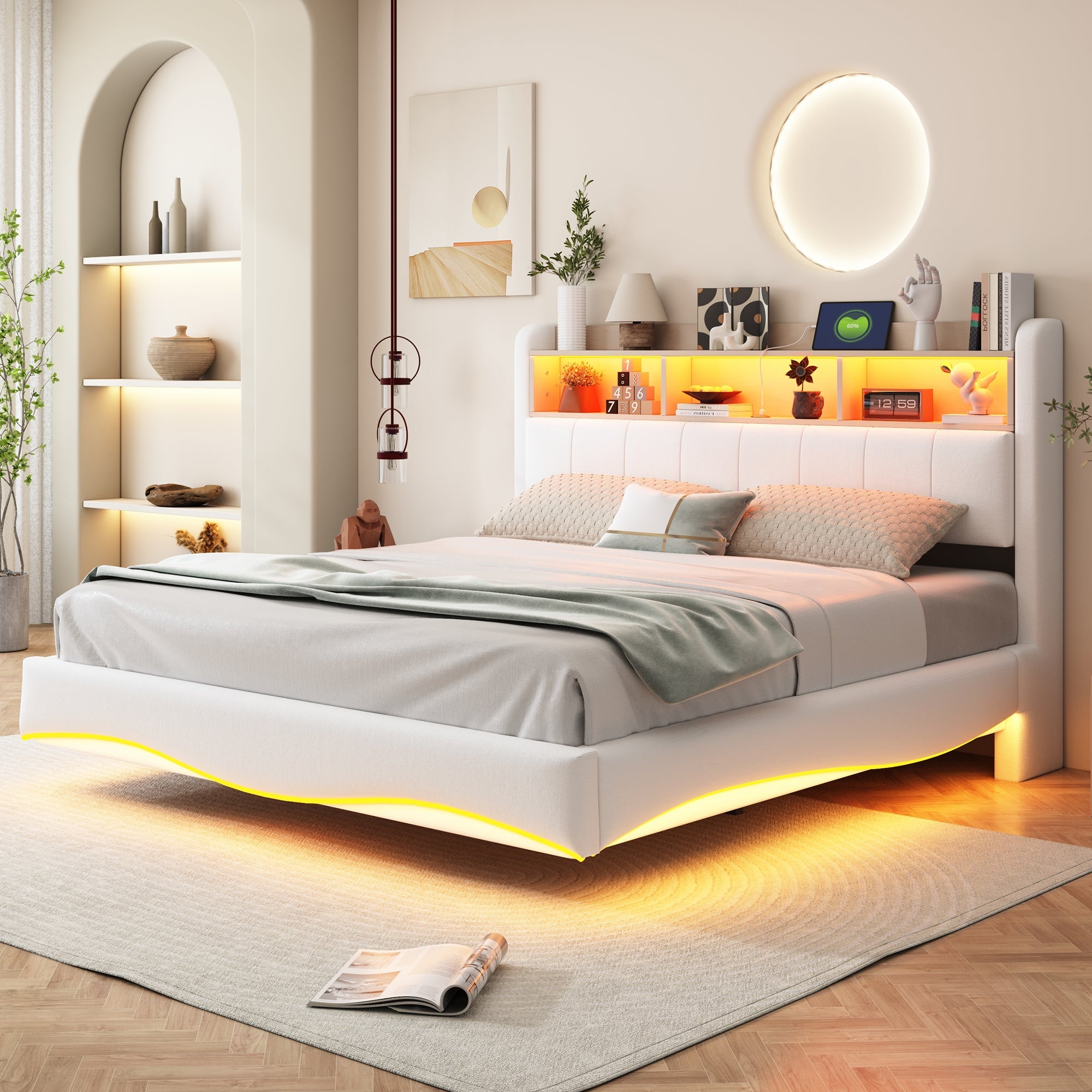 Logidon hangend gestoffeerd bed 160x200 beige met LED-licht USB C