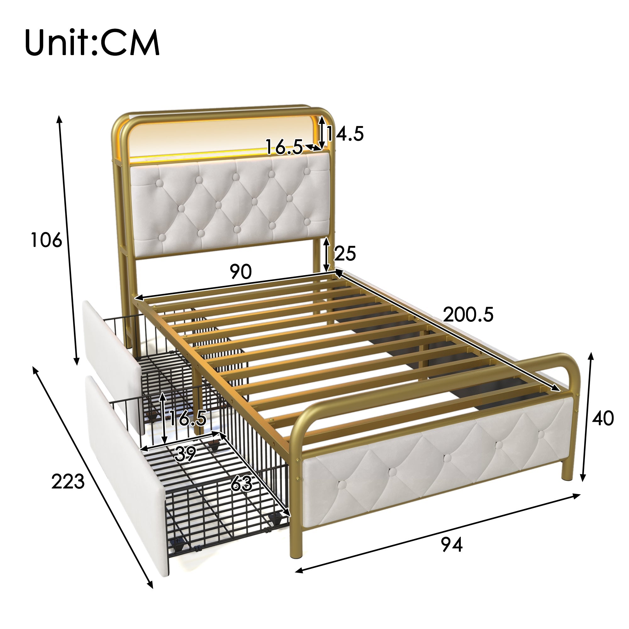 Logidon gestoffeerd bed 90x200 USB C oplaadfunctie LED wit fluwelen lades