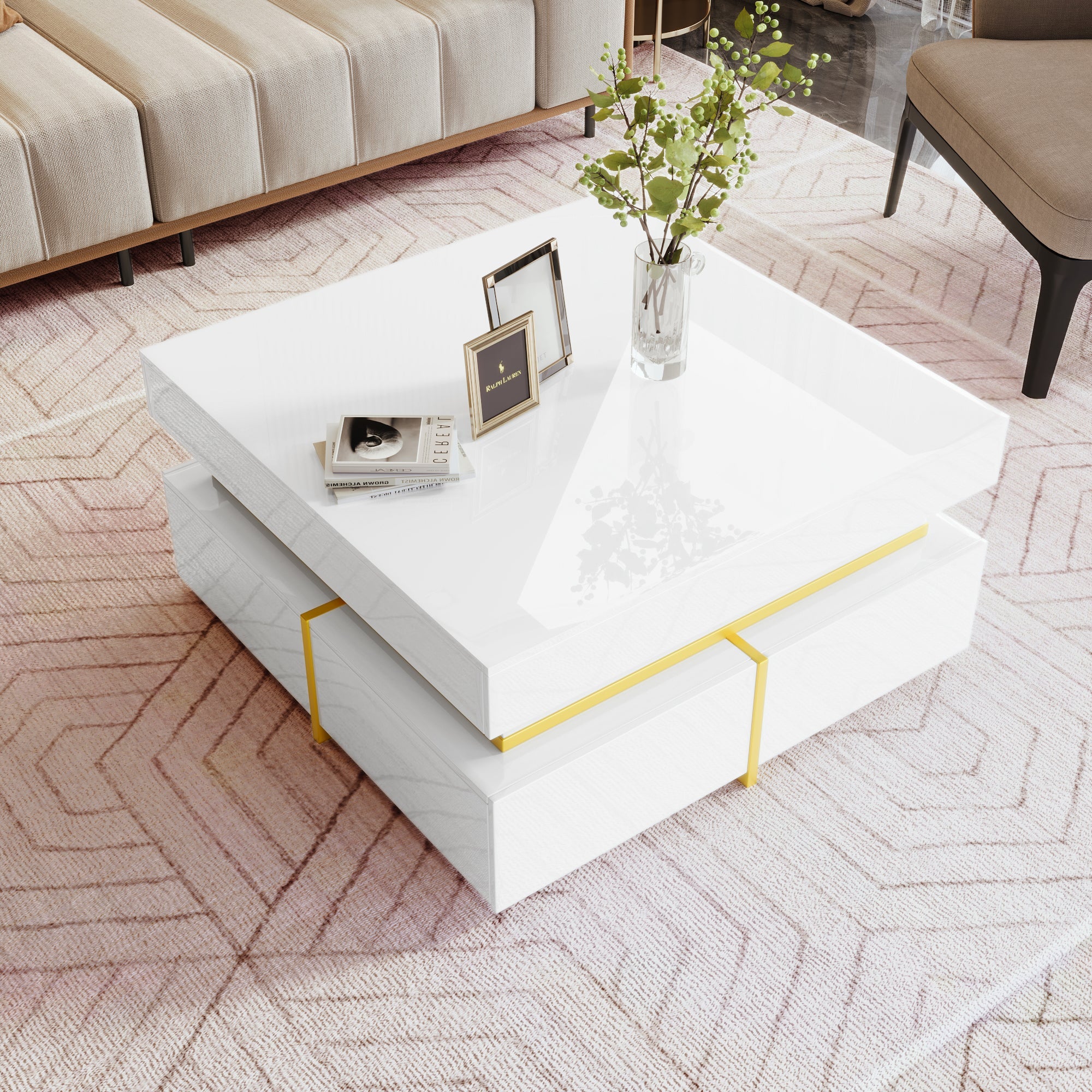 Logidon high gloss coffee table with drawers and gold accents