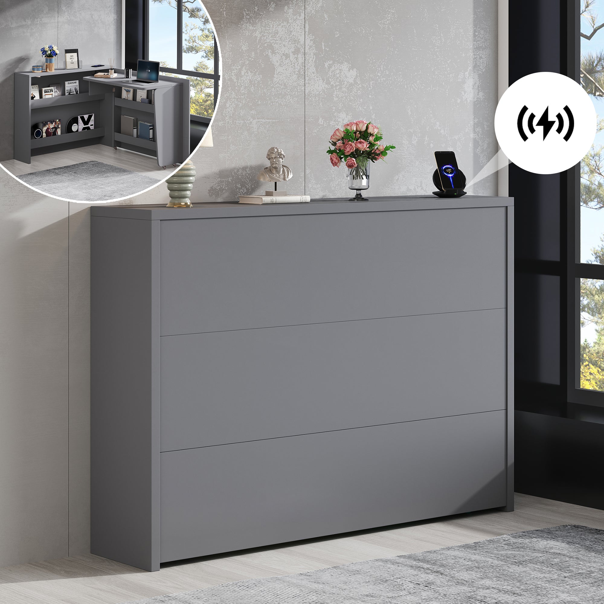 Logidon Opvouwbaar Bureau met Wielen en Draadloze Oplader 2in1 Grijs