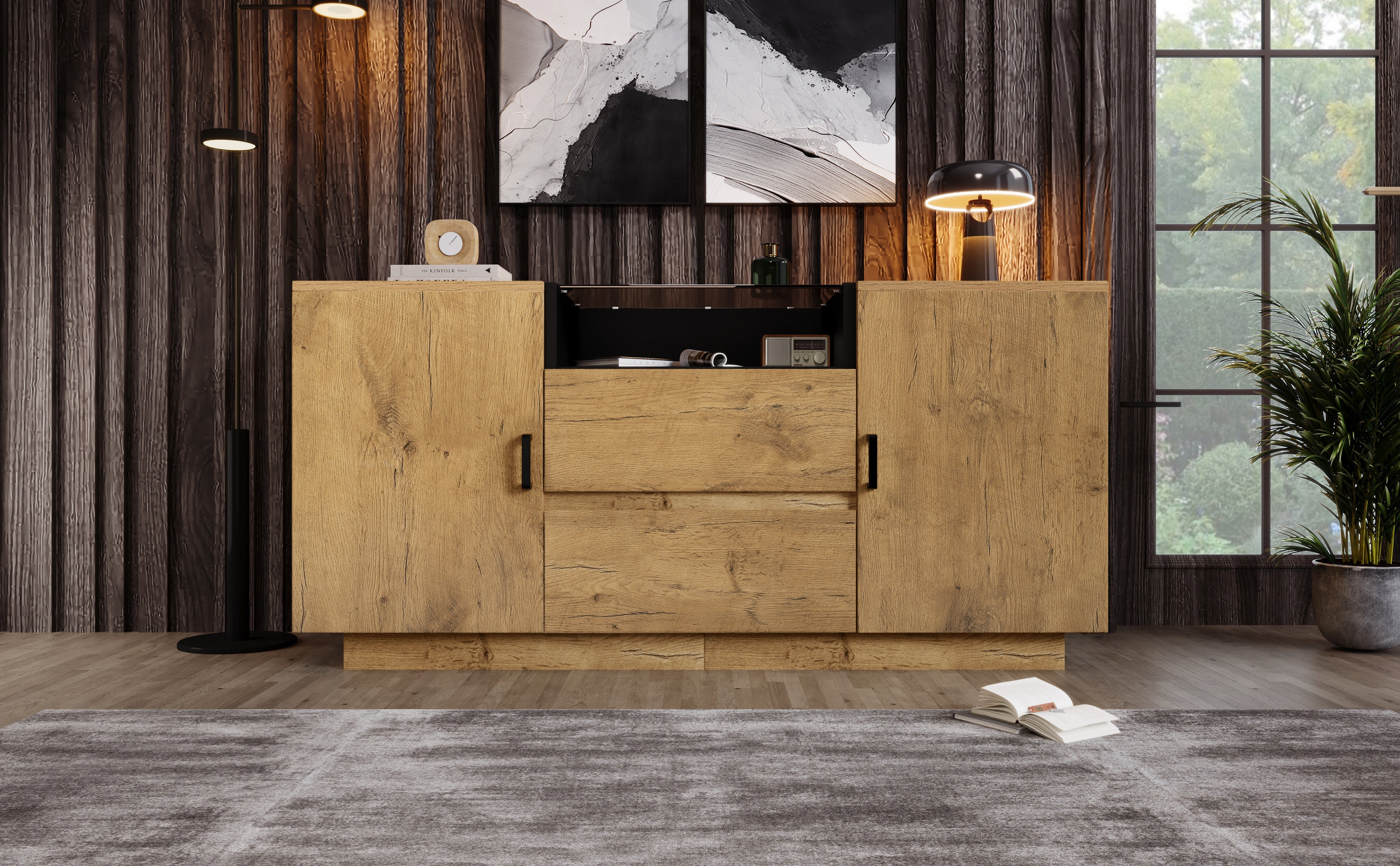 Logidon oak look chest of drawers sideboard 2 drawers 2 cupboards H70