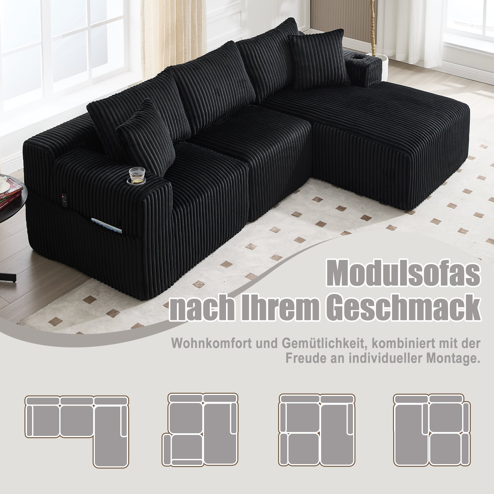 Logidon modulaire bankstel met chaise longue, 2-zitsbank, zwart corduroy