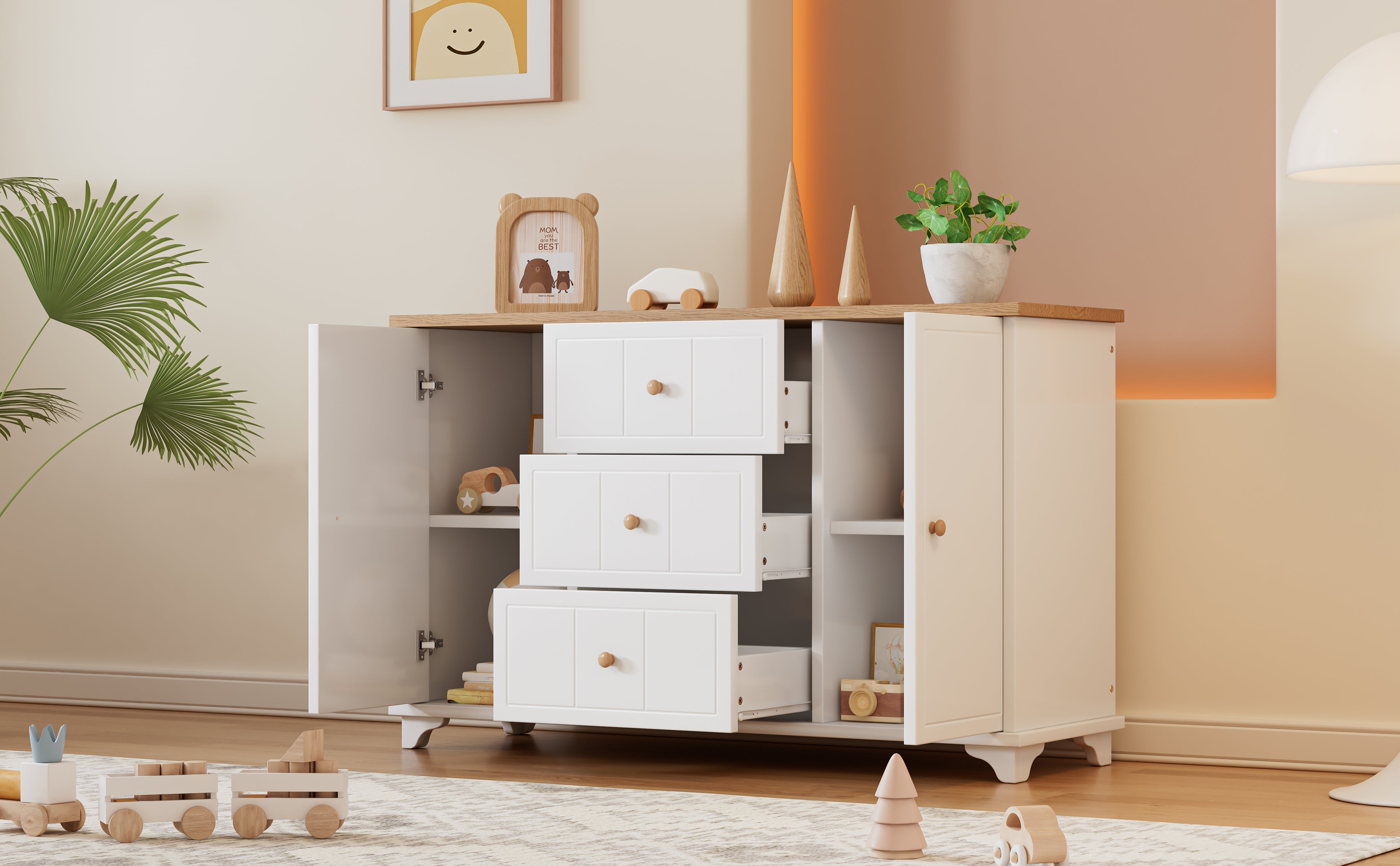 Logidon classic chest of drawers white natural with 3 drawers and 2 doors