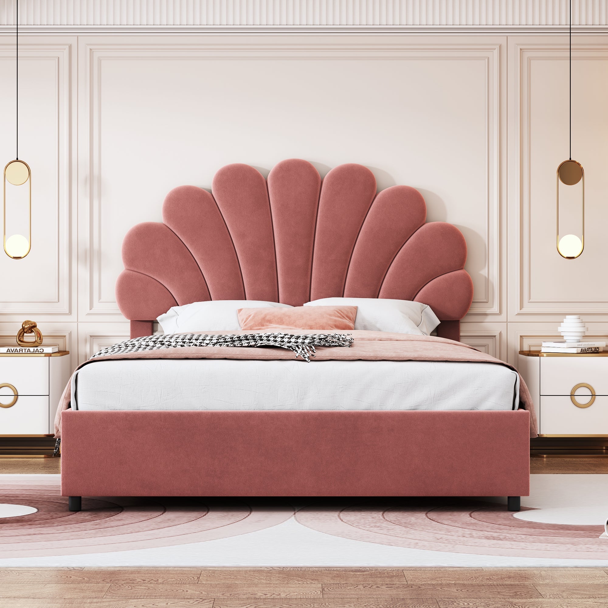 Logidon upholstered bed 140x200 pink with floral headboard and storage space
