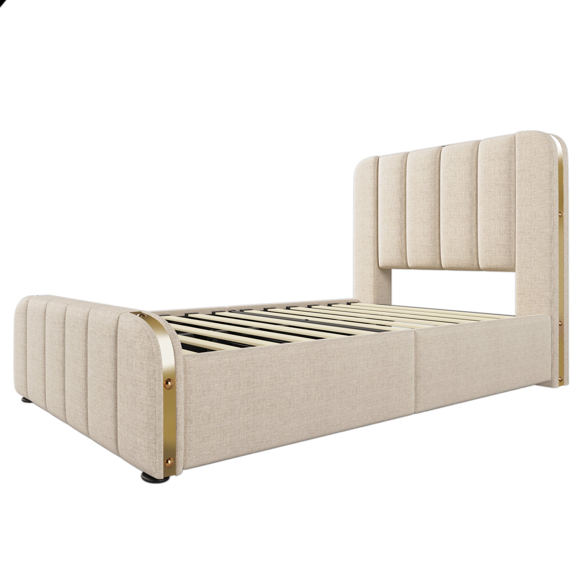 Logidon gestoffeerd bed 90x200 beige USB Type C oplaadfunctie 4 lades