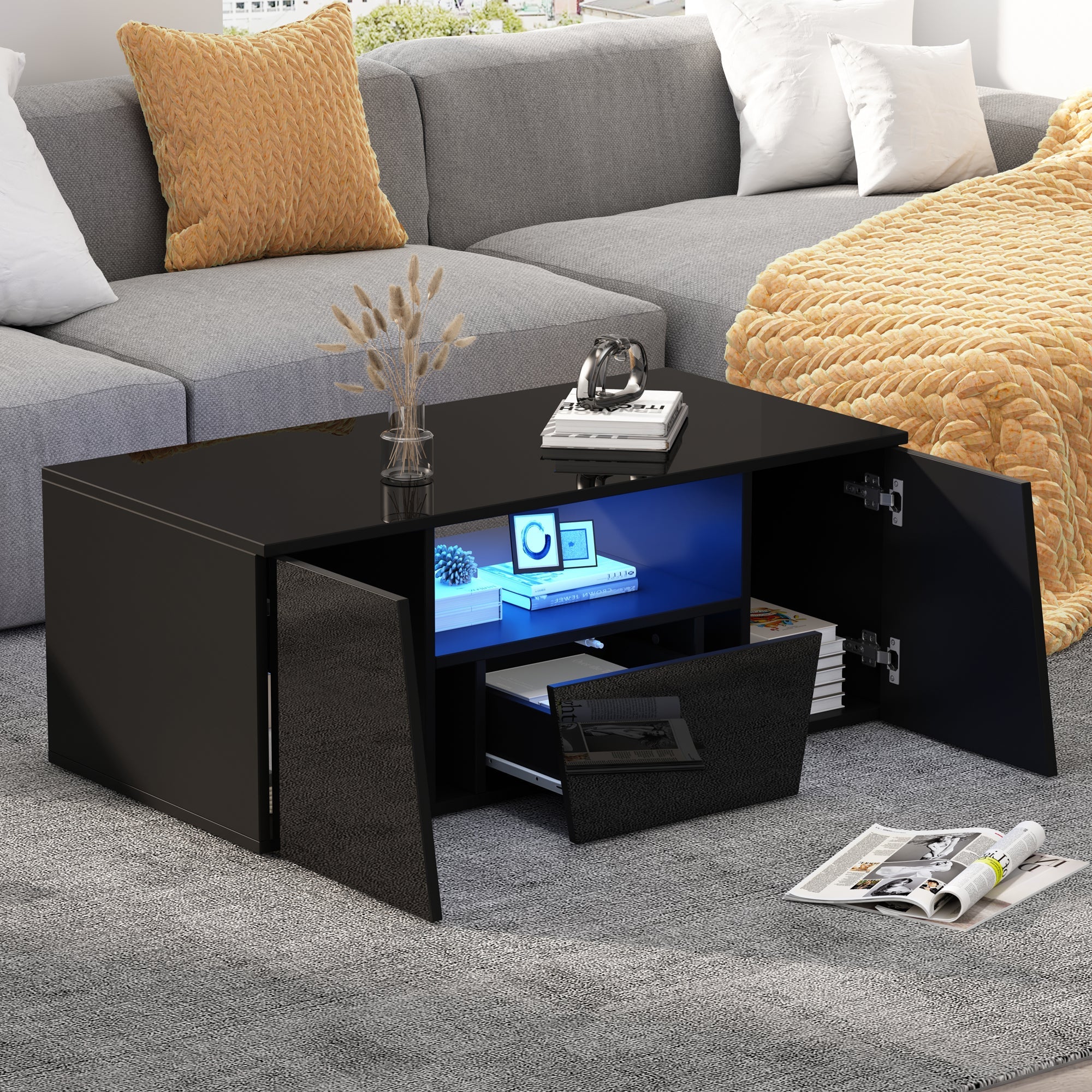 Logidon coffee table 100x50x40 cm black with LED 2 cabinets 1 drawer
