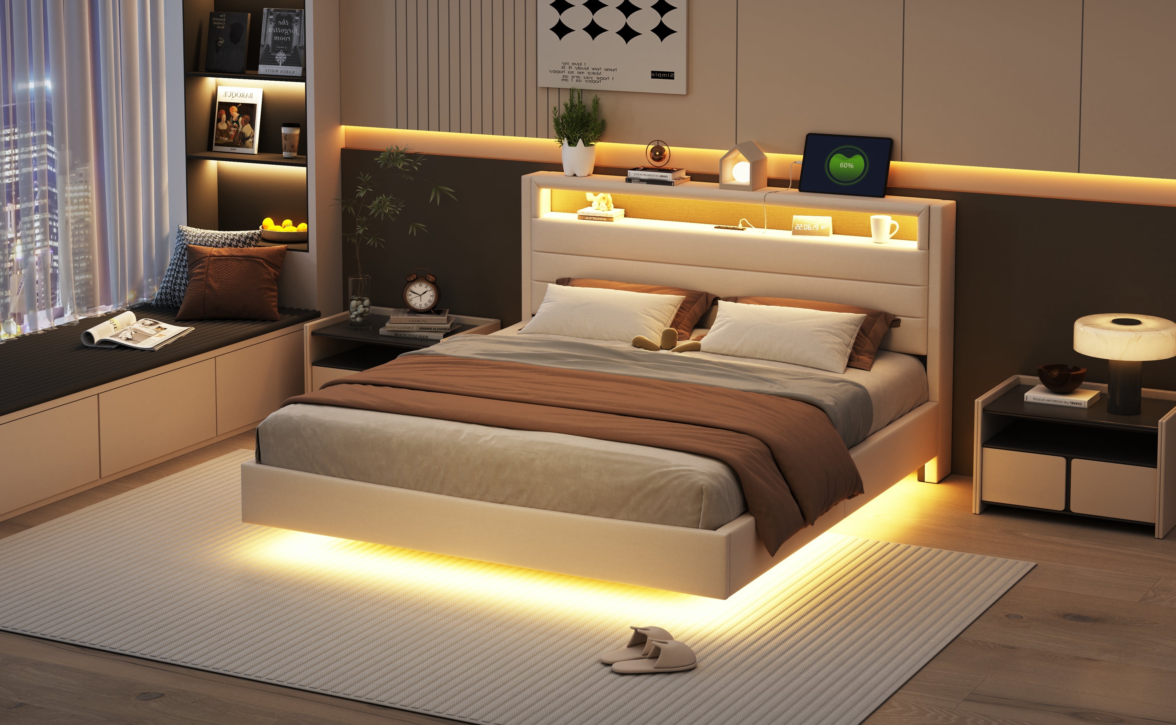 Logidon gestoffeerd bed 160x200 beige met USB-aansluiting en LED-verlichting