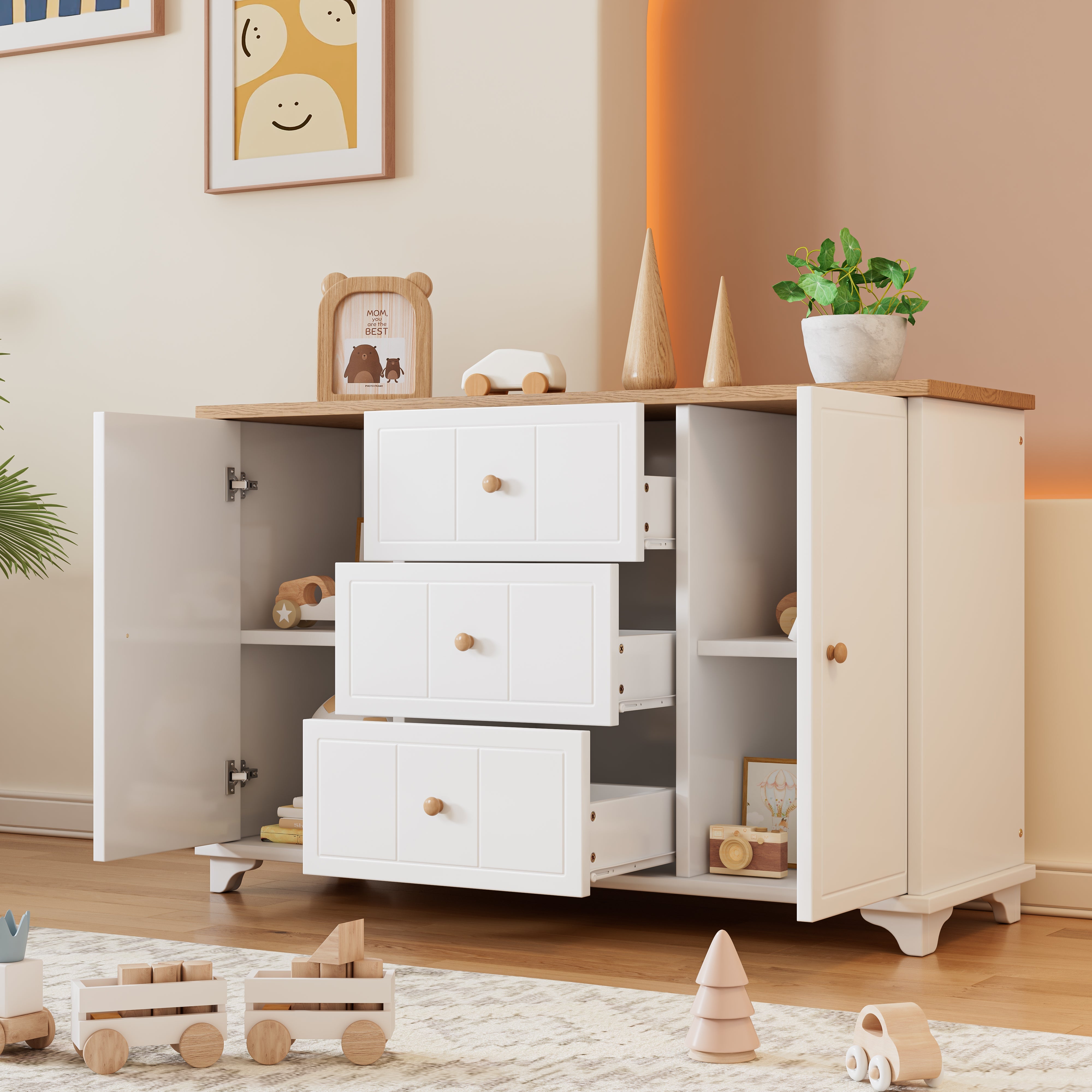 Logidon classic chest of drawers white natural with 3 drawers and 2 doors