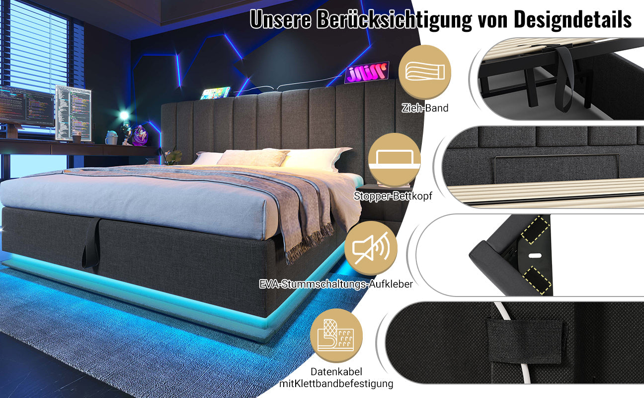 Logidon gestoffeerd bed 160x200 grijs met opbergruimte LED app bediening