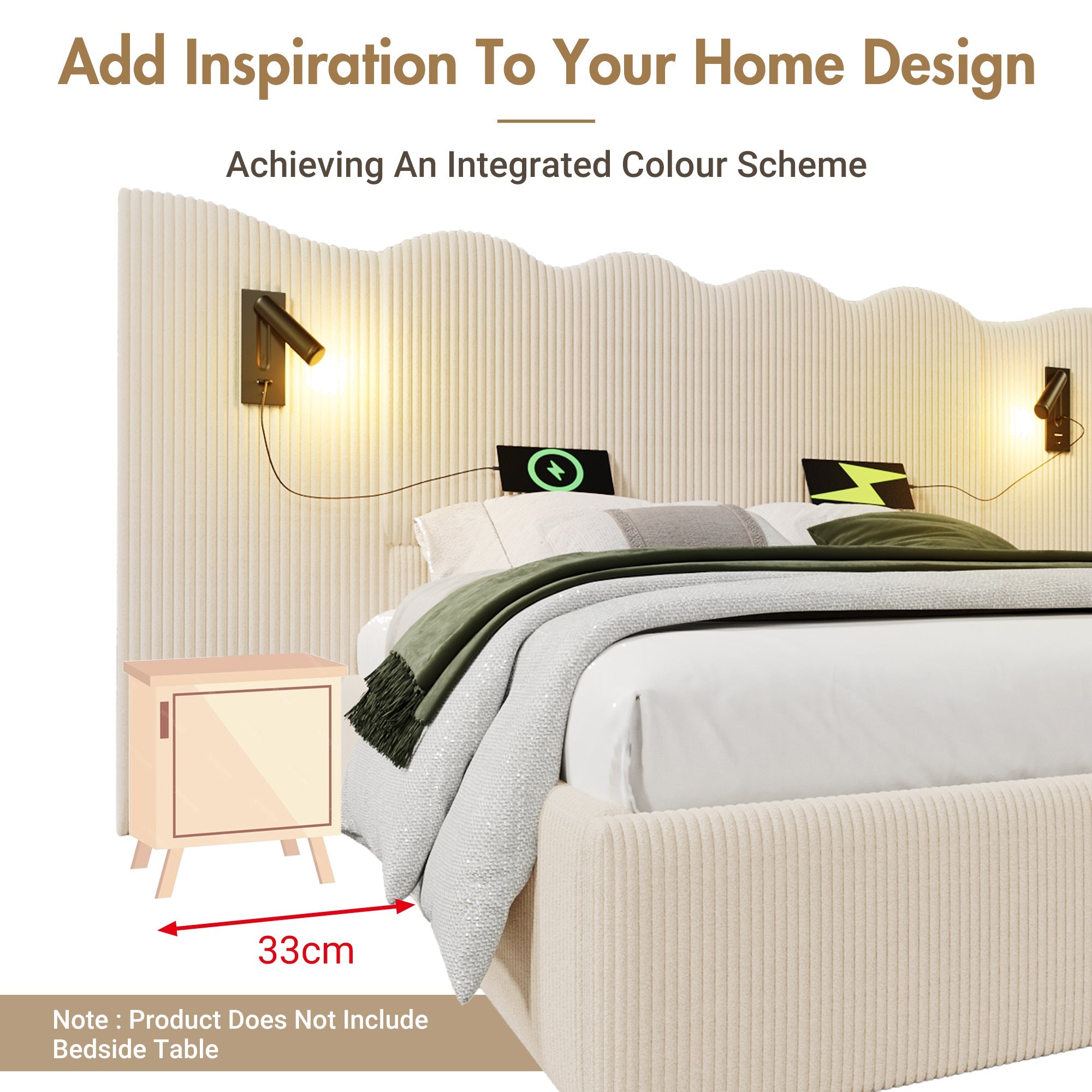 Logidon gestoffeerd bed tweepersoonsbed 180x200 beige-wit leeslamp USB-C opladen