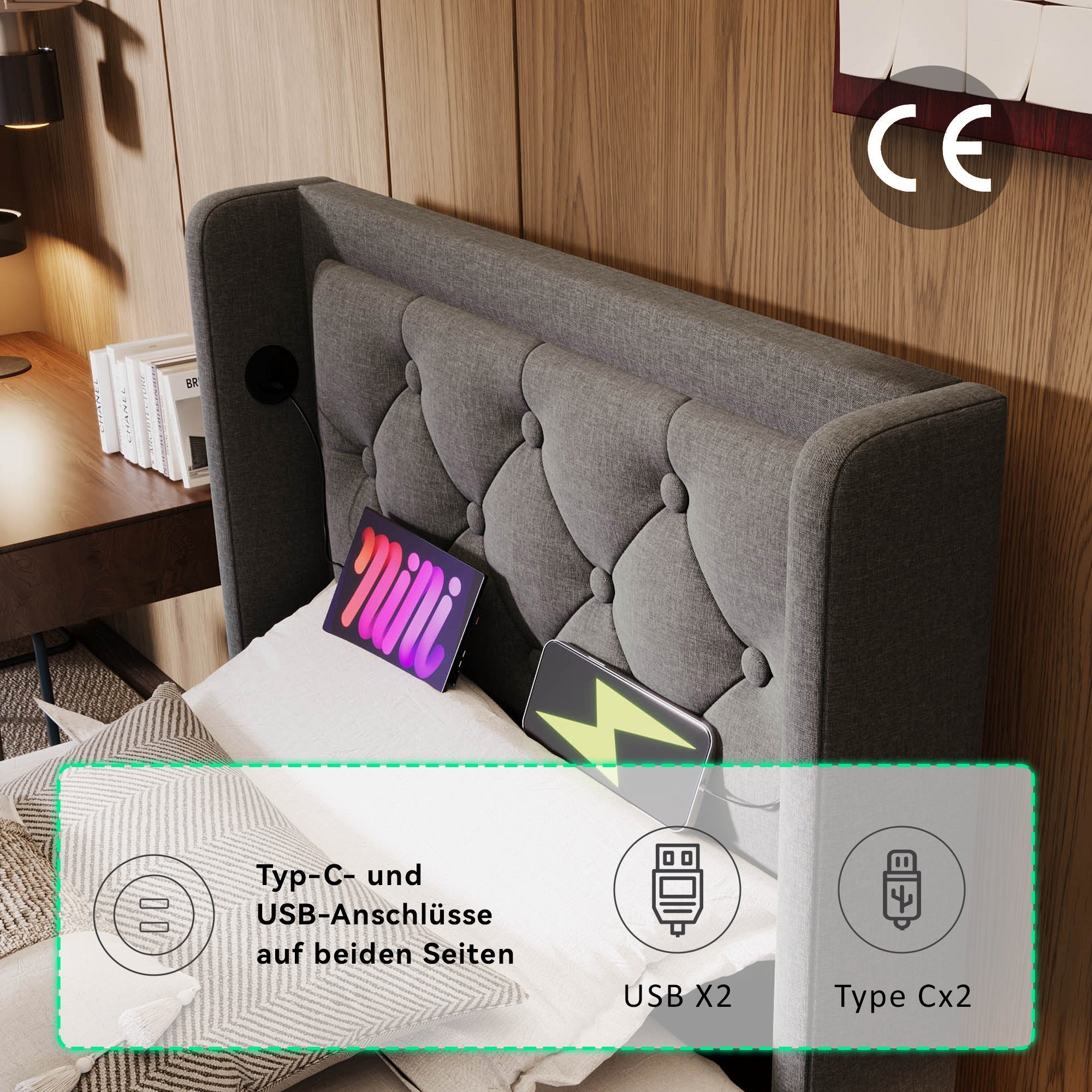 Logidon gestoffeerd bed 90x200 cm grijs met opbergruimte USB C oplaadfunctie LED