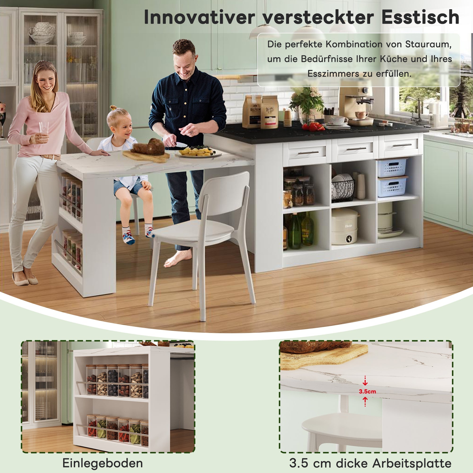 Logidon keukeneiland 150x96 cm wit met marmeren blad uitschuifbare eettafel