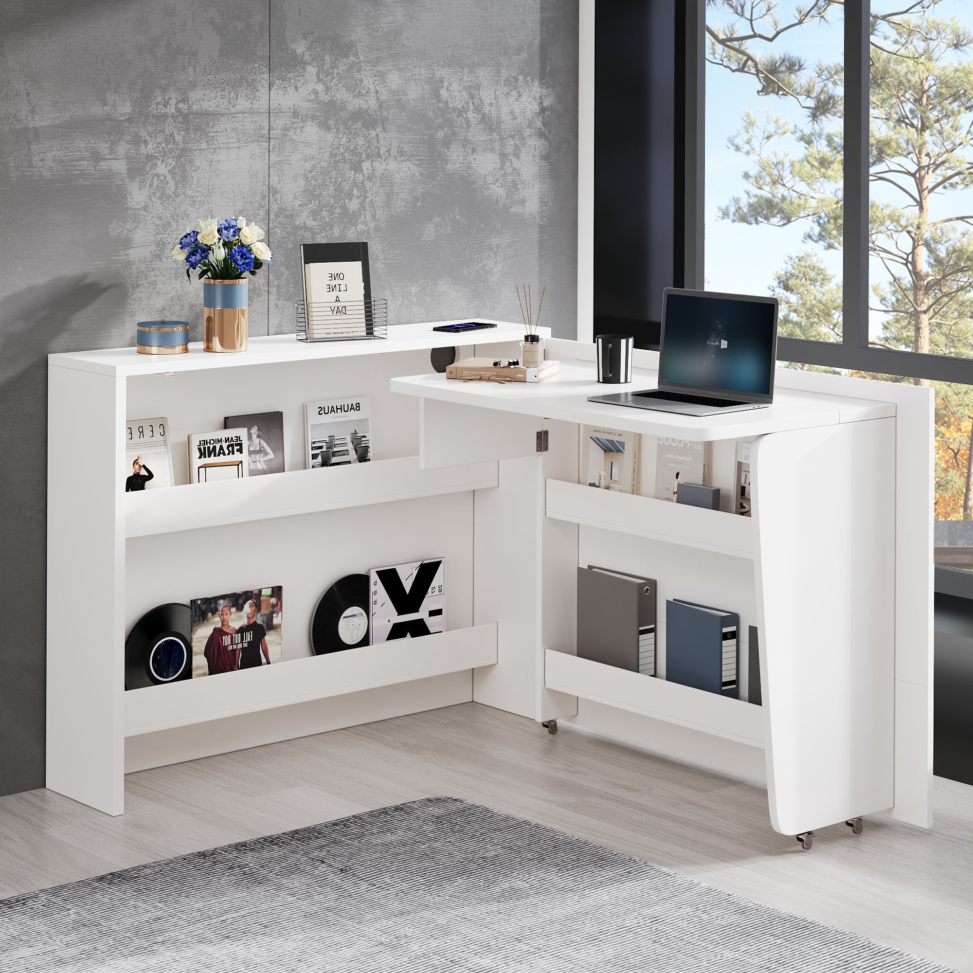 Logidon Opvouwbaar Bureau met Wielen en Draadloze Oplader Wit