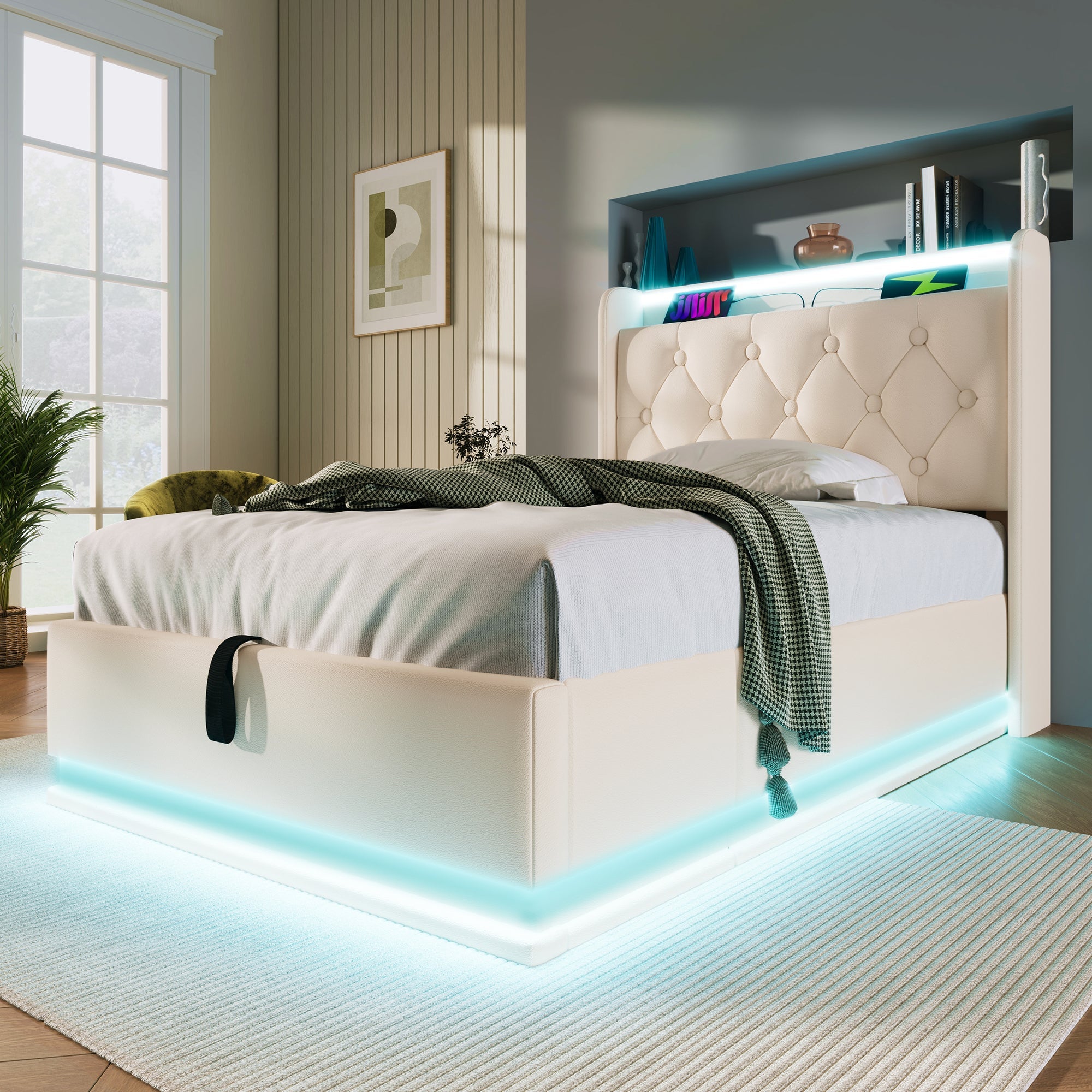 Logidon gestoffeerd bed eenpersoons 90x200 cm wit PU 360 SurroundLED USB C oplaadfunctie