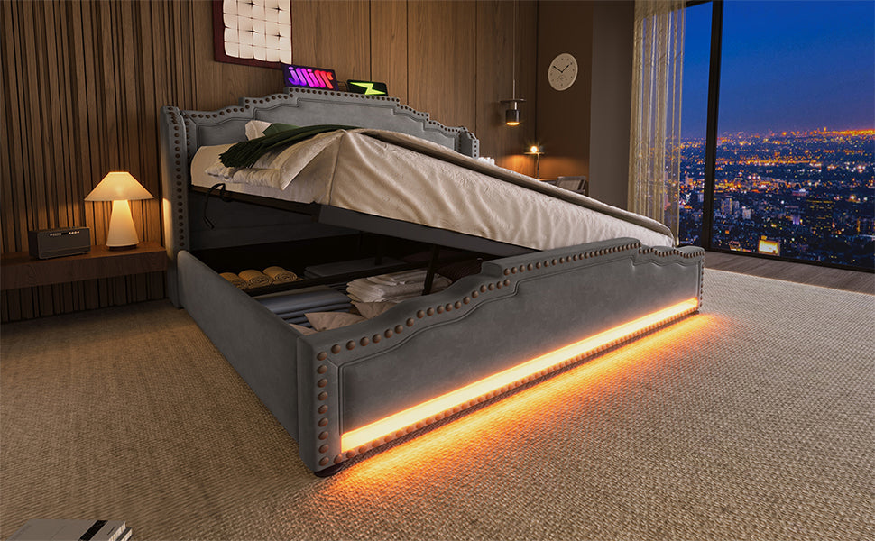 Logidon gestoffeerd bed 140x200 grijs LED-licht met hydraulische opbergruimte