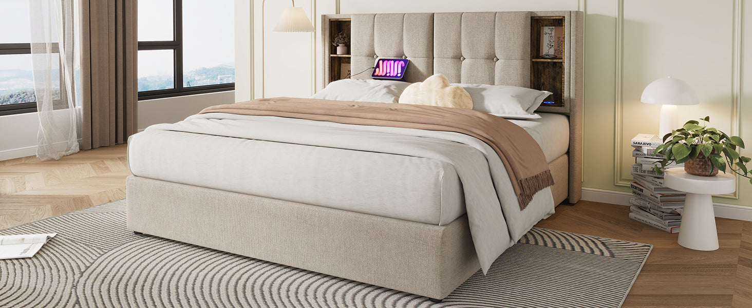 Logidon tweepersoonsbed 140x200 draadloos opladen USB C opbergruimte linnengoed
