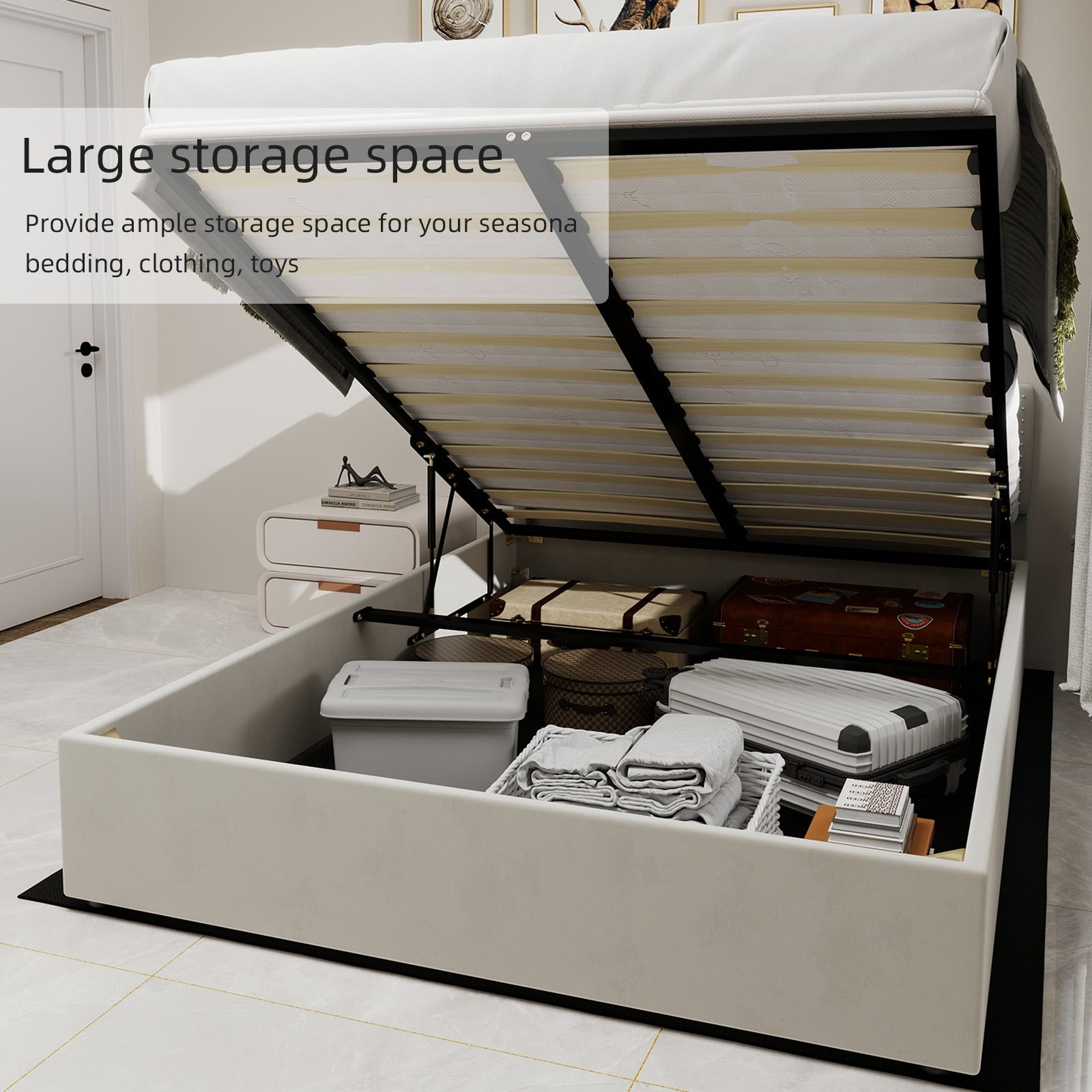 Logidon 160x200 cm stoffen bed beige hoofdbord met hydrauliek
