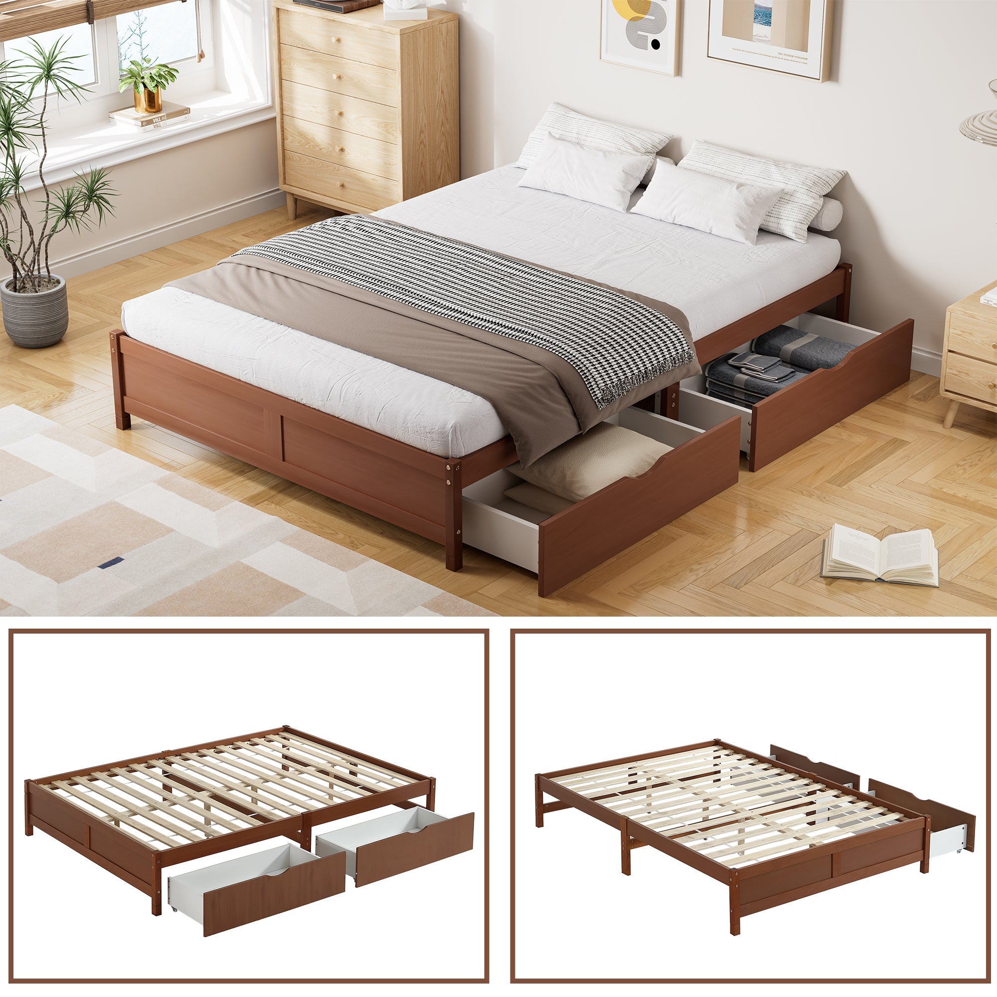 Logidon Kinderbed Vintage Hout Roodbruin 140x200 cm met twee lades