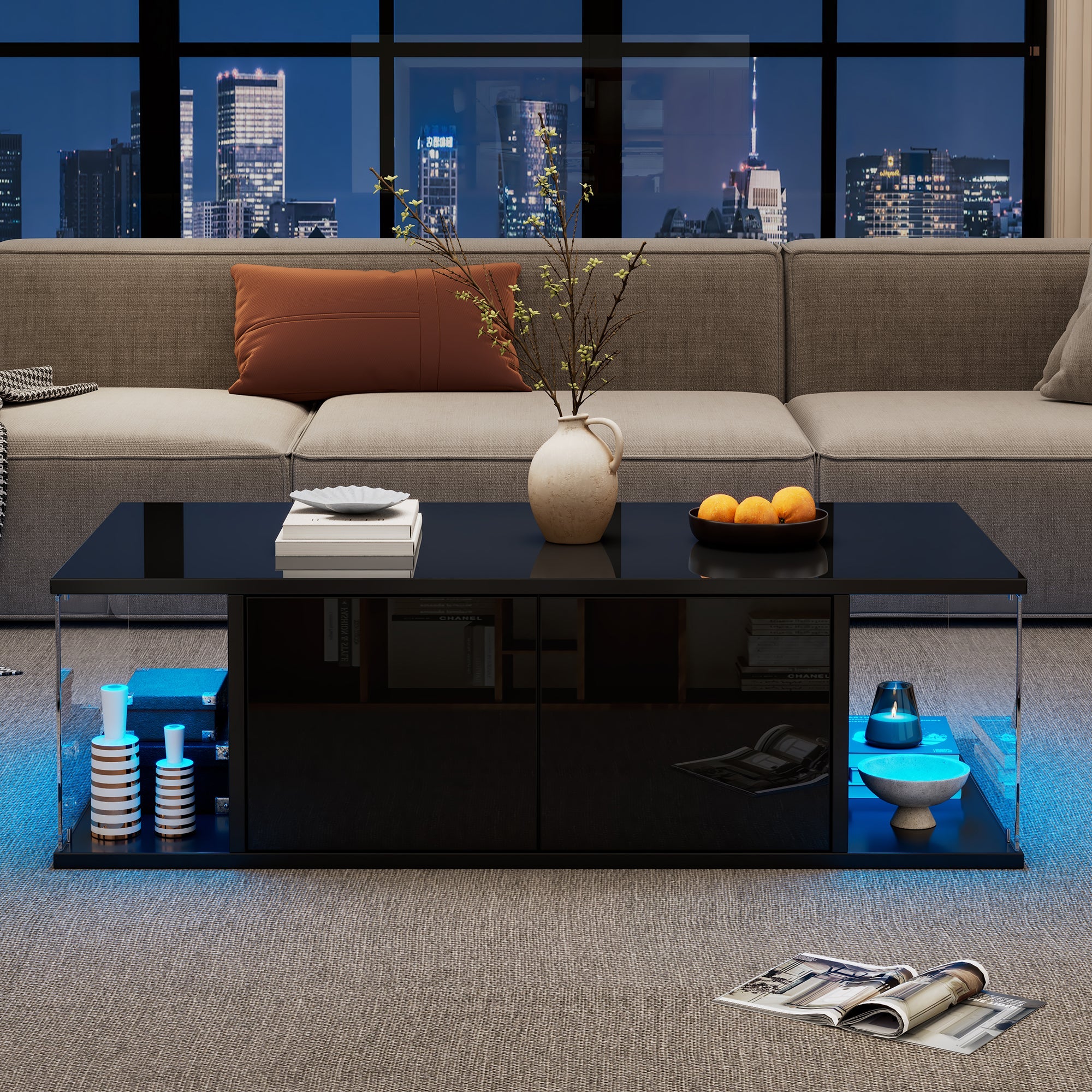 Logidon salontafel 100x50x30 cm zwart hoogglans LED 2 kasten