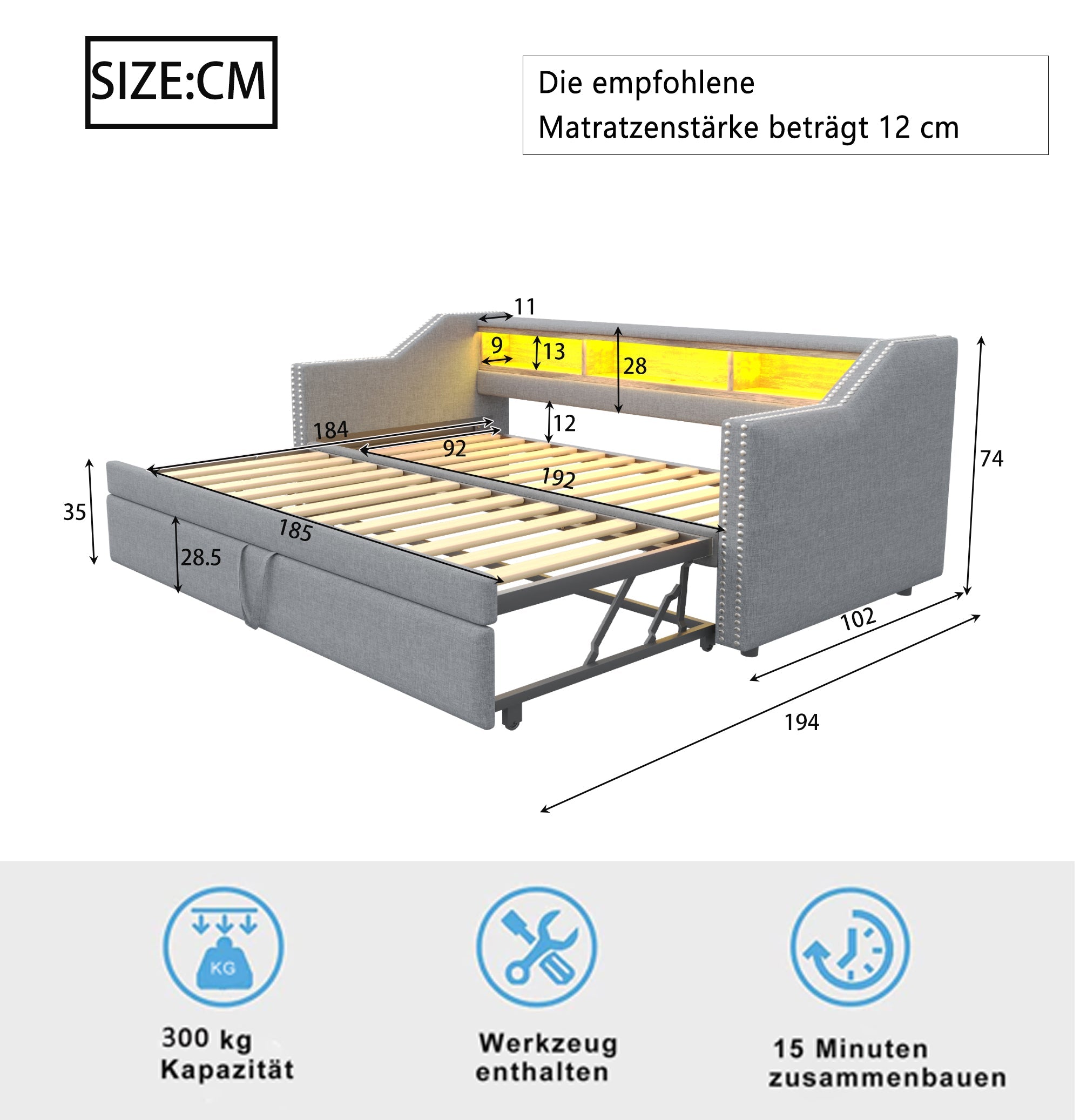 Logidon gestoffeerd bed slaapbank 90/180 x 190 cm lichtgrijs opbergvak