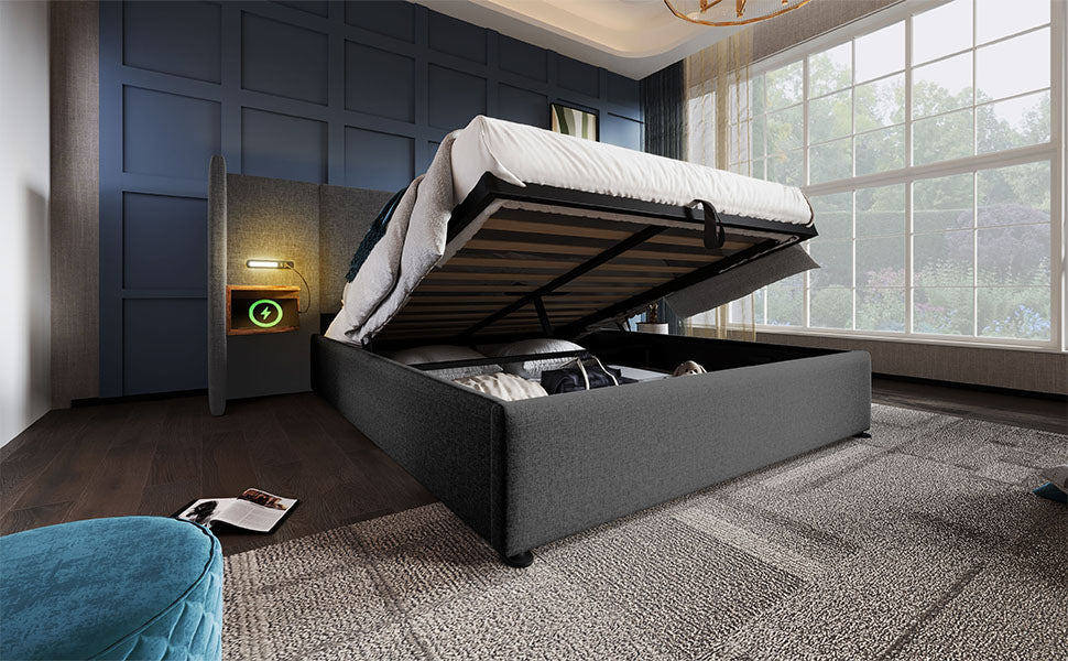 Logidon gestoffeerd bed 160x200 met USB C oplaadfunctie grijs linnen