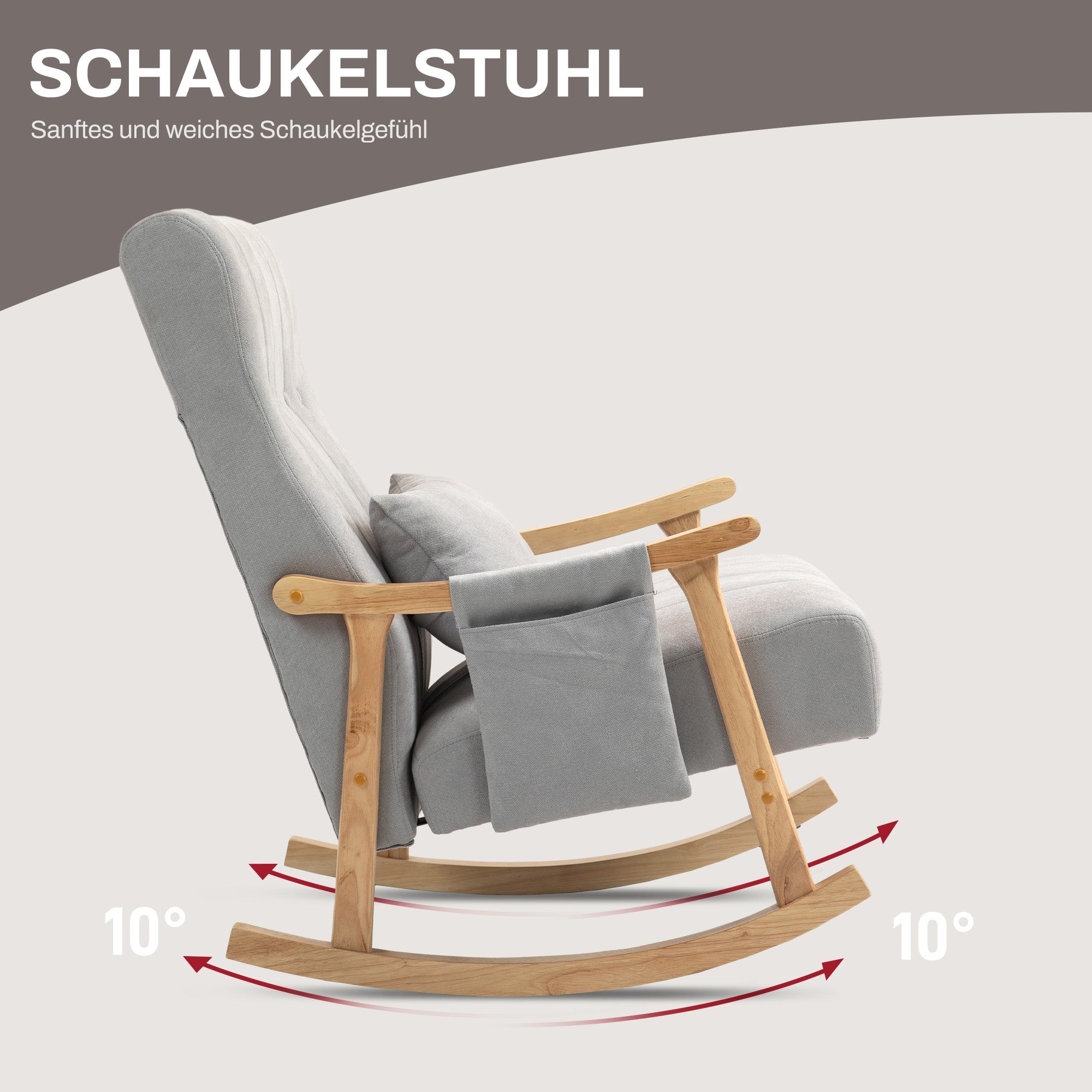 Logidon schommelstoel grijs gestoffeerd met lendenkussen houten frame