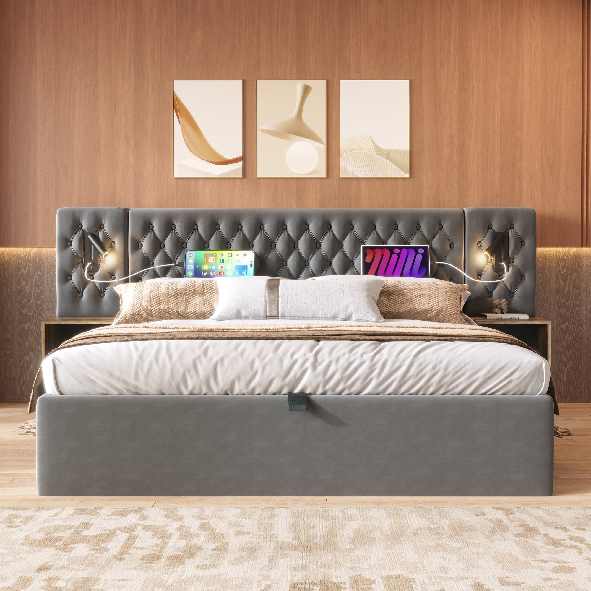 Logidon bed system 160x200 cm upholstered bed with storage space gray velvet