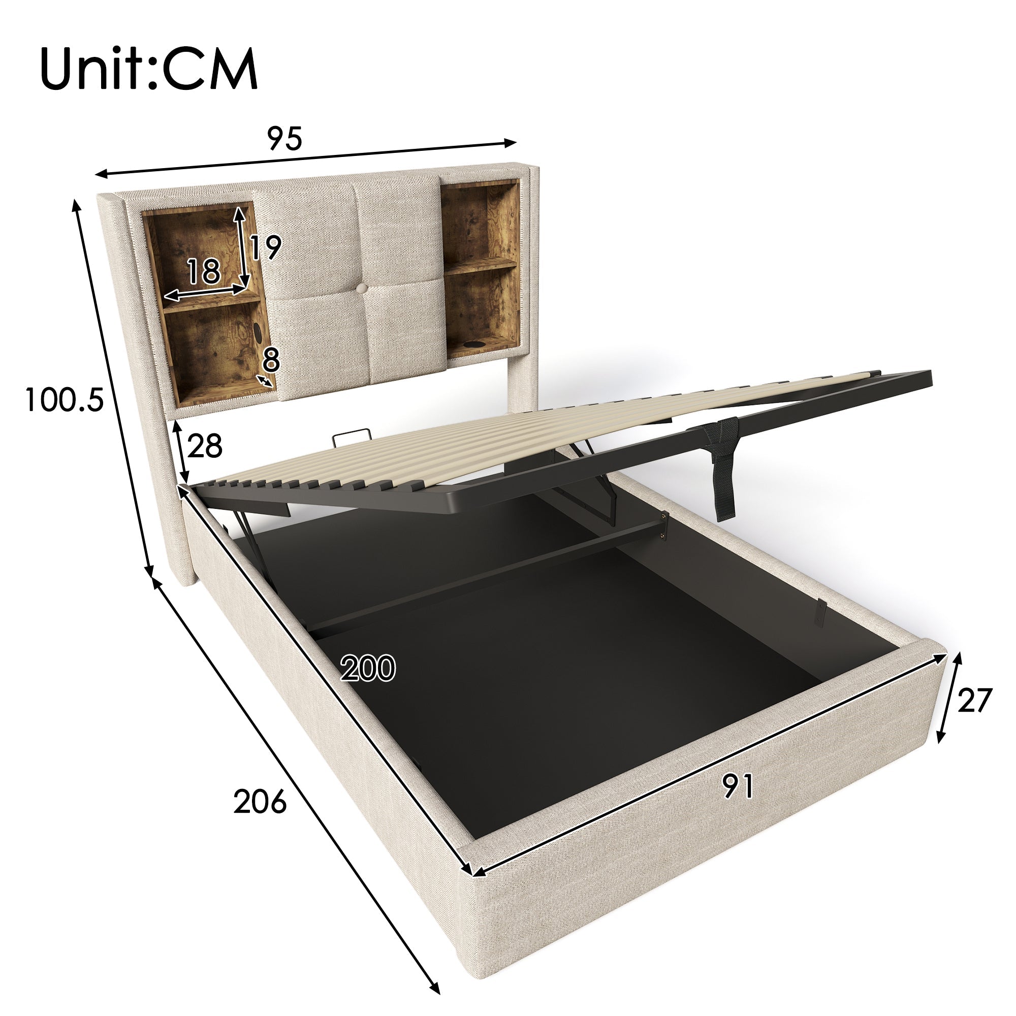 Logidon eenpersoonsbed 90x200 met draadloos opladen USB C en opbergruimte
