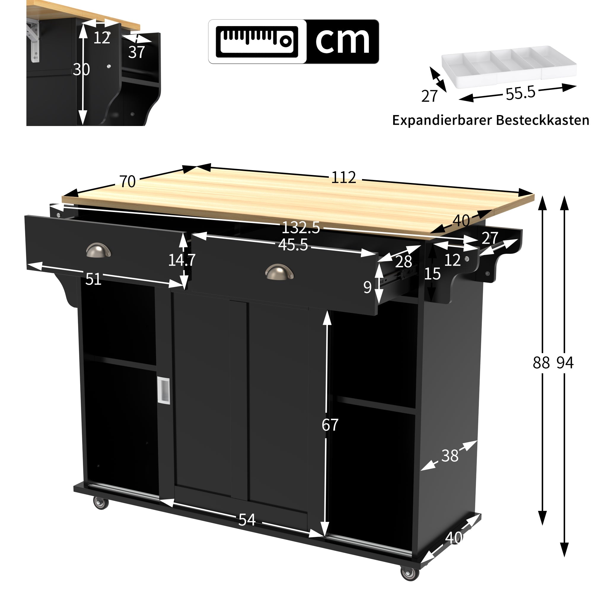 Logidon Sideboard Dining Room Trolley 112x70x94 cm Black Folding Plate