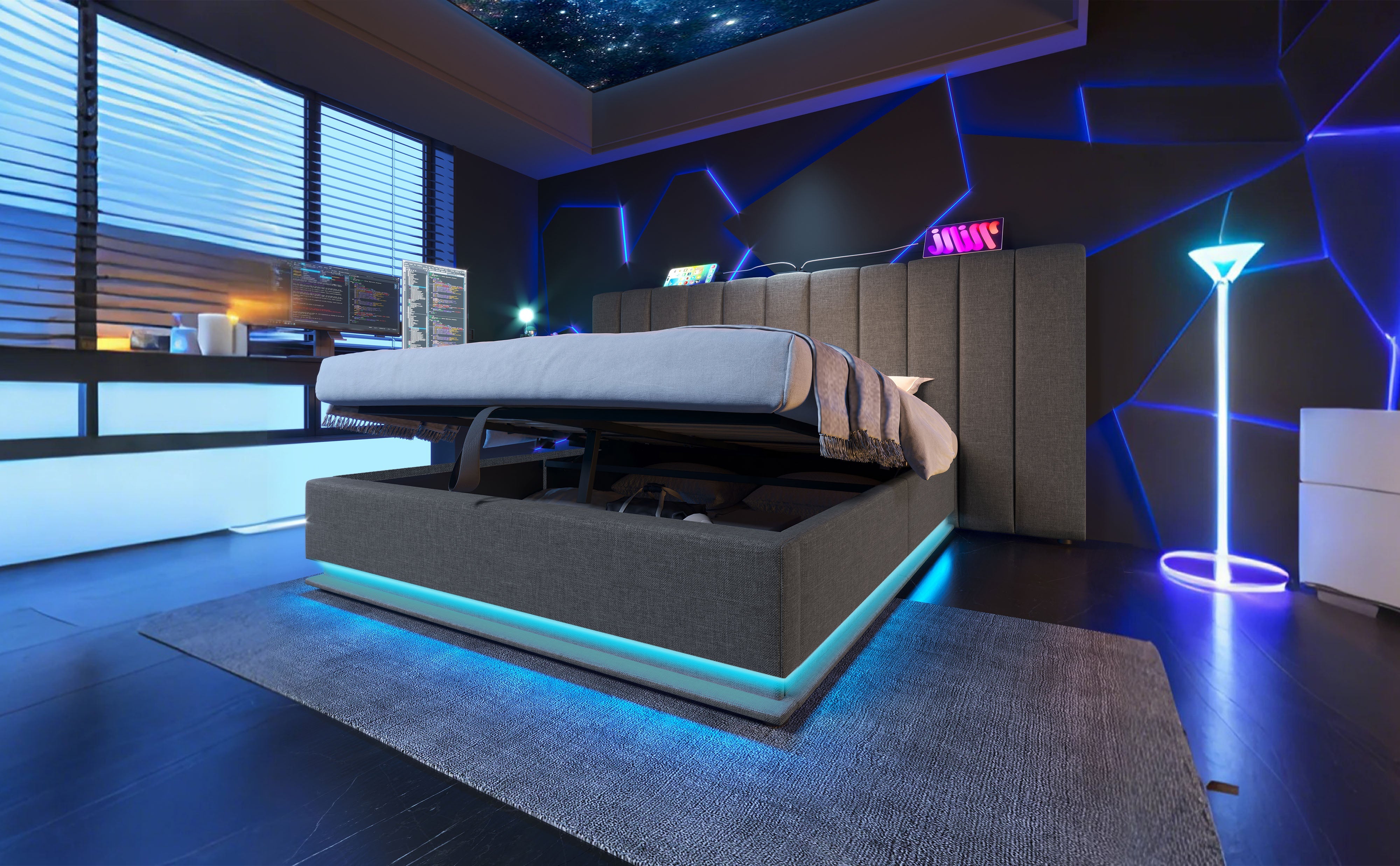 Logidon gestoffeerd bed 160x200 grijs met opbergruimte LED app bediening