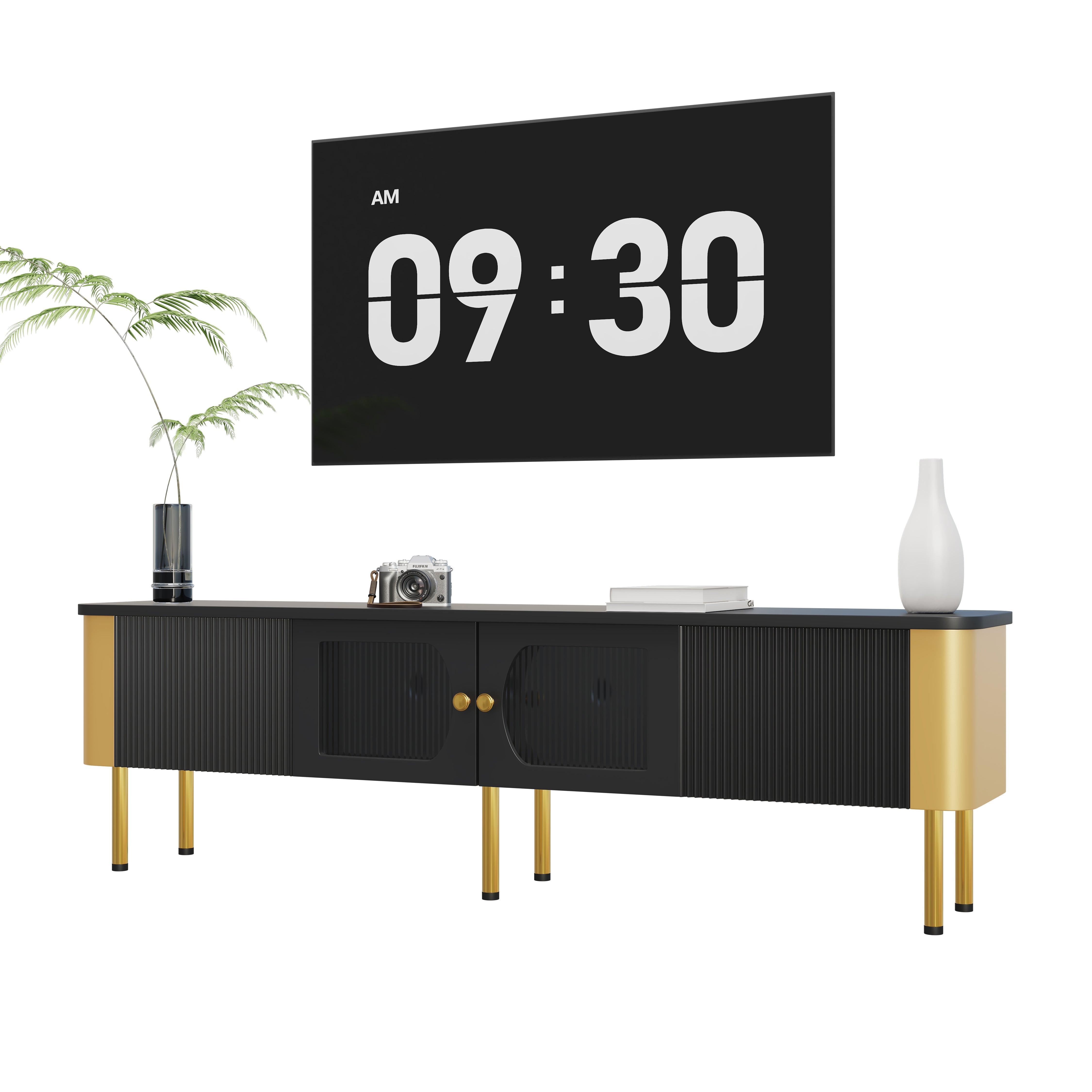 Logidon TV-meubel zwart met glazen deuren en gouden handgrepen