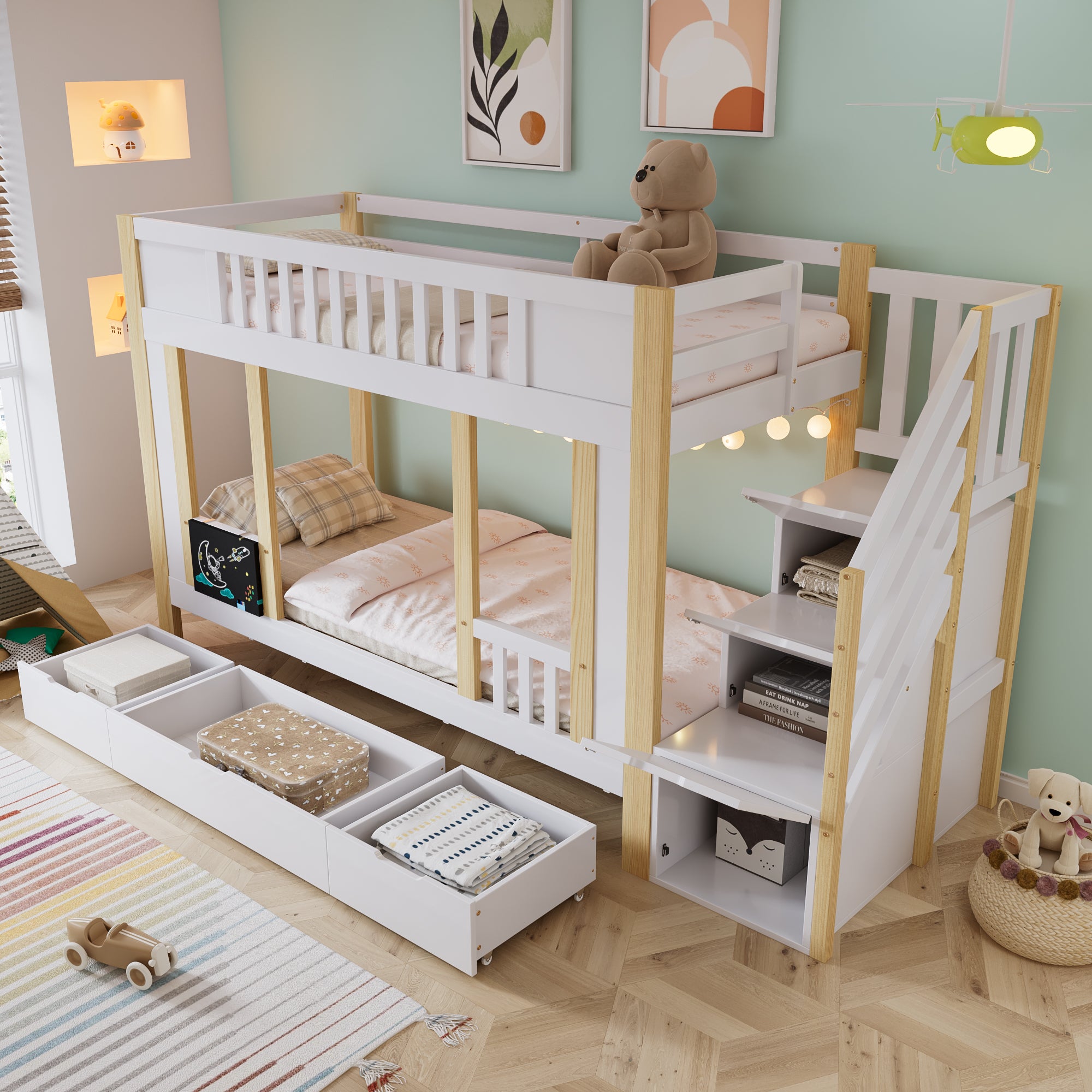 Logidon stapelbed kinderhoogslaper met trapkast opbergruimte 90x200