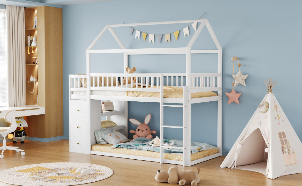 Logidon Bunk Bed 90x200 House Shape White With Security Fence Storage
