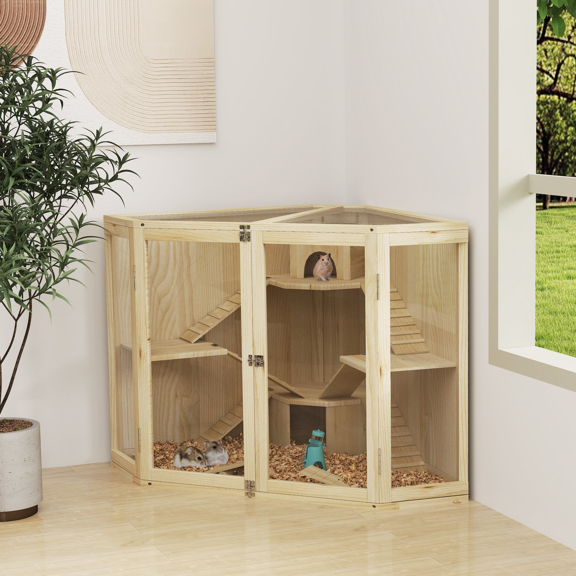 Logidon hamsterkooi hout naturel 4 niveaus voerstation
