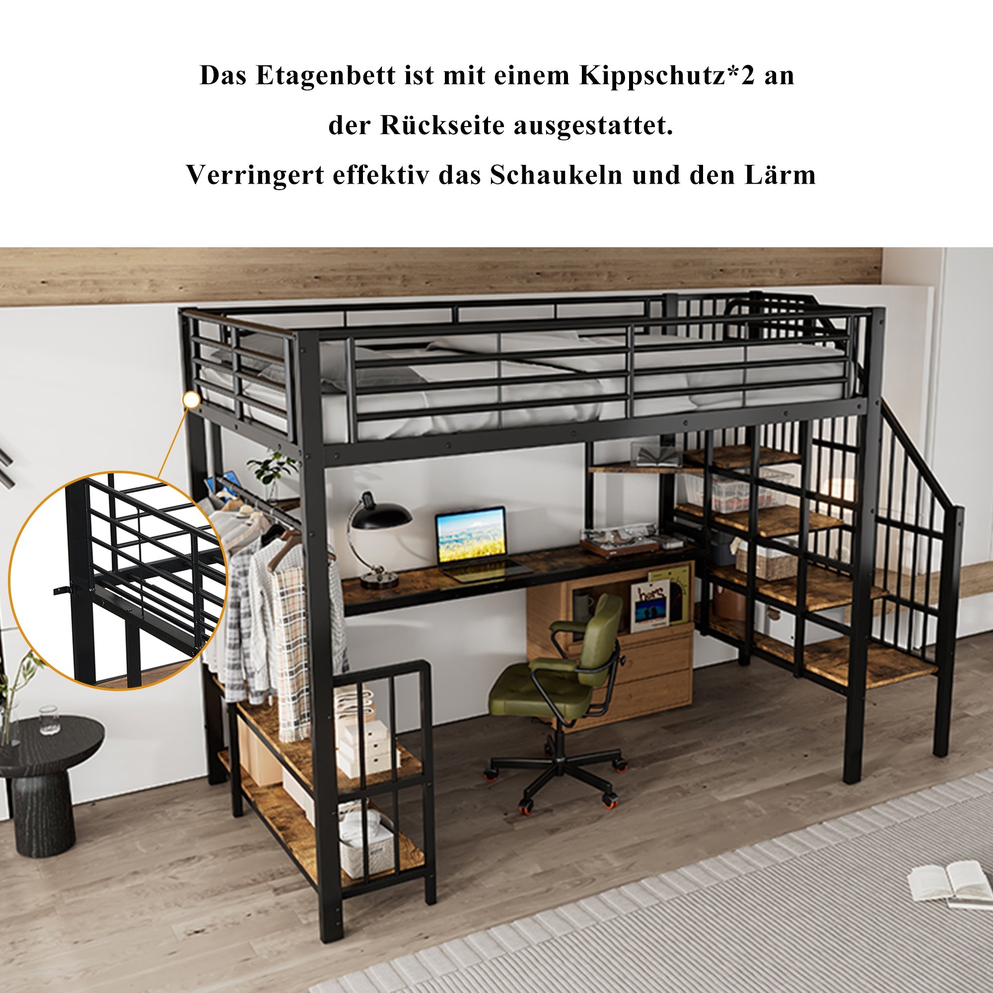 Logidon hoogslaper 120x200 zwart met ladder en oplaadpoort