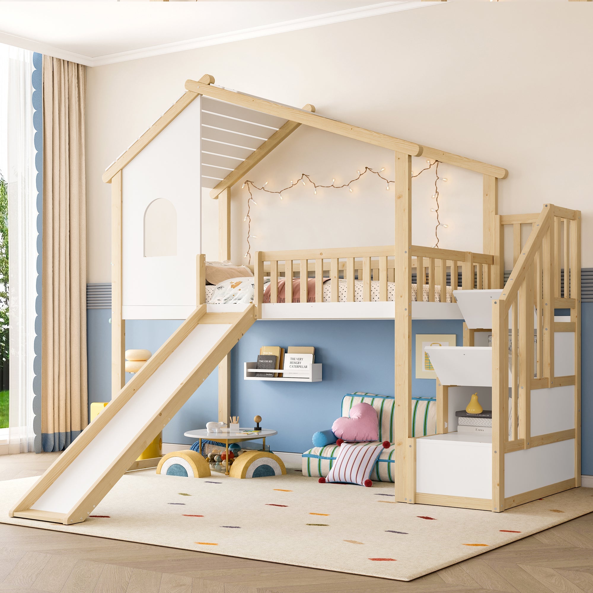 Logidon hoogslaper 90x200 cm naturel wit met bedrail en glijbaan