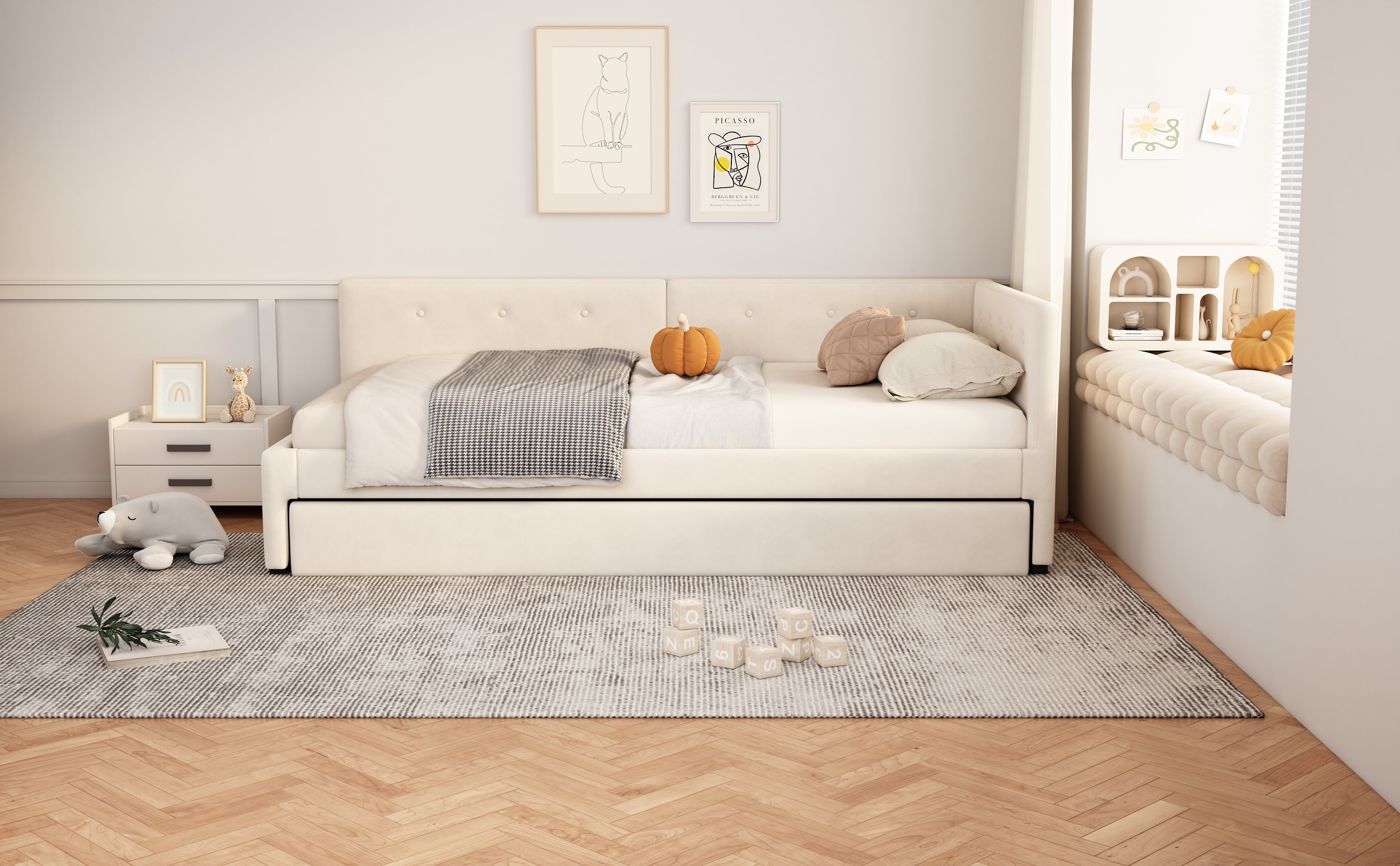 Logidon gestoffeerd bed 90x200 cm beige met lattenbodem en hoofdbord