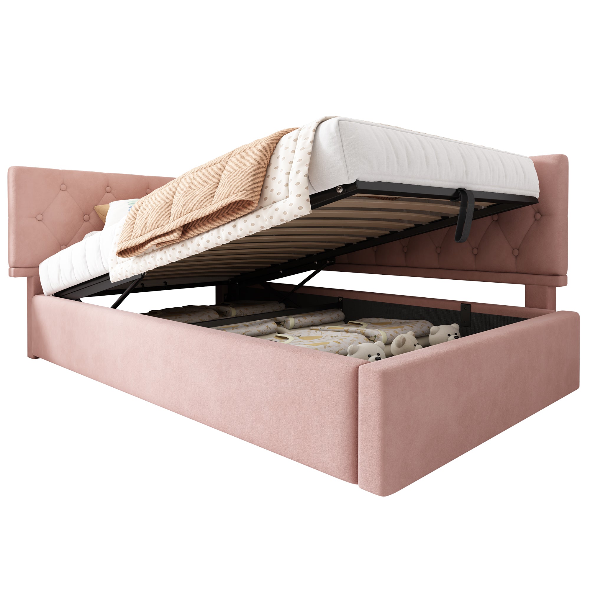 Logidon slaapbank 90x190 roze fluweel met hydraulische opbergruimte