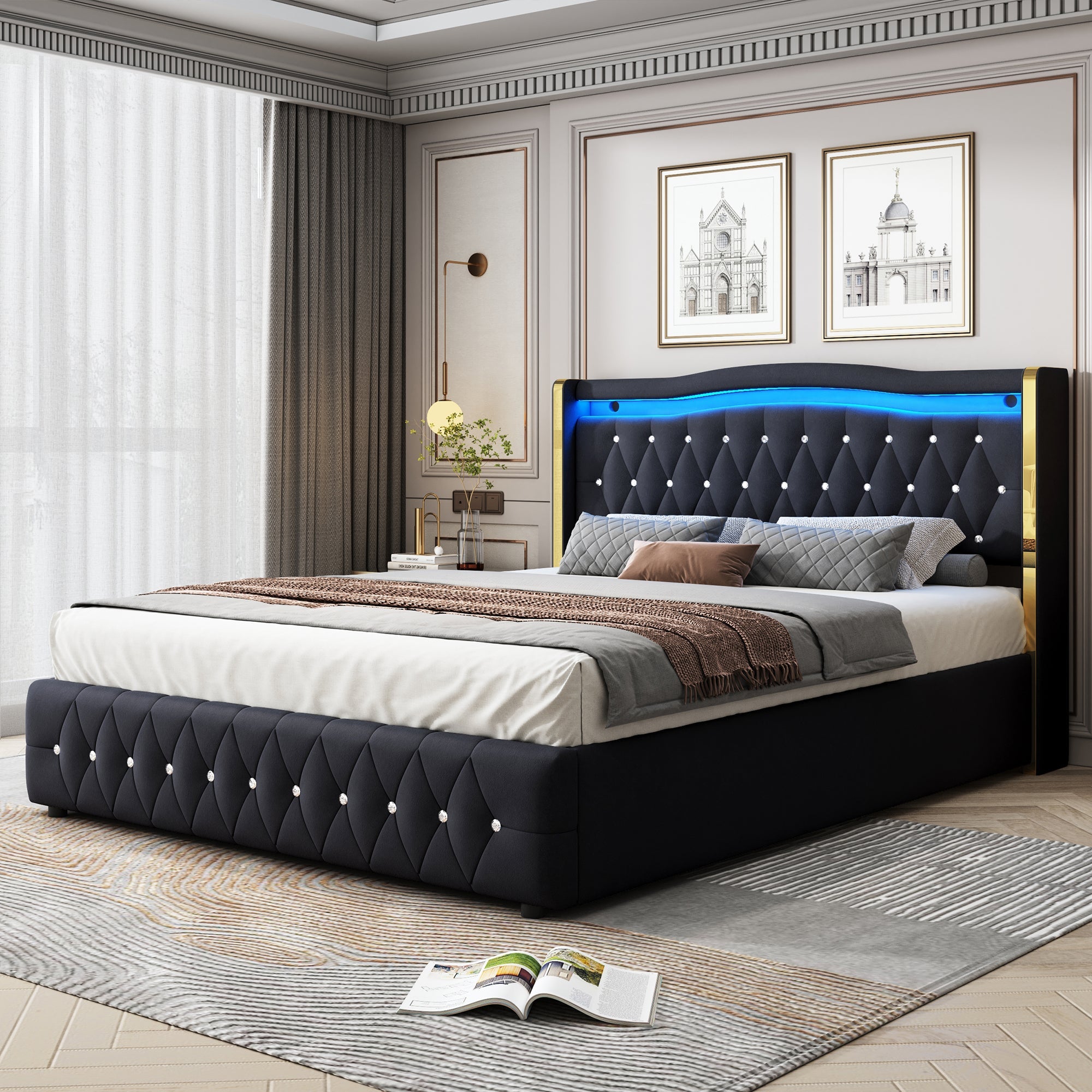 Logidon gestoffeerd bed 160x200 zwart fluweel stof met LED verlichting