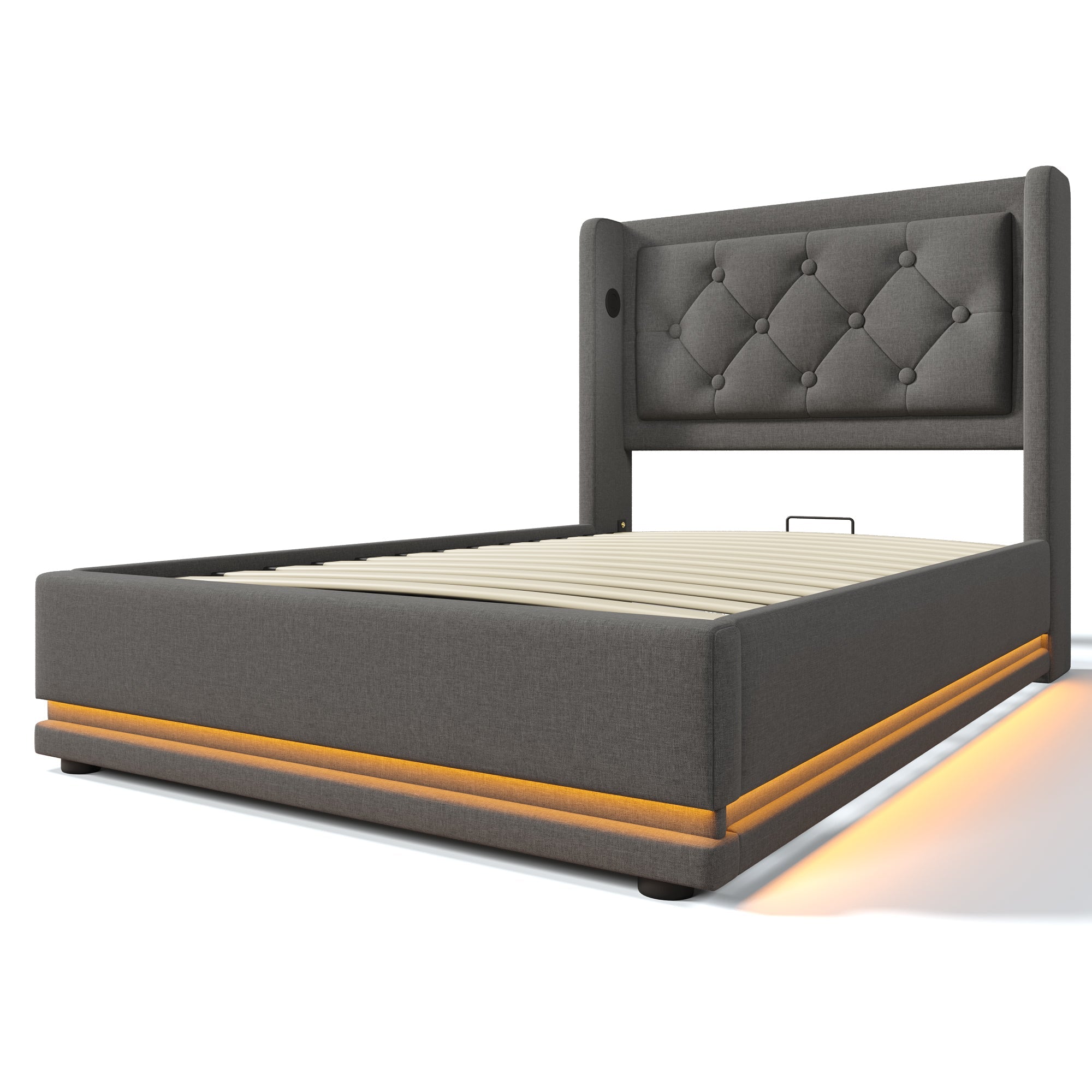 Logidon gestoffeerd bed 90x200 cm grijs met opbergruimte USB C oplaadfunctie LED