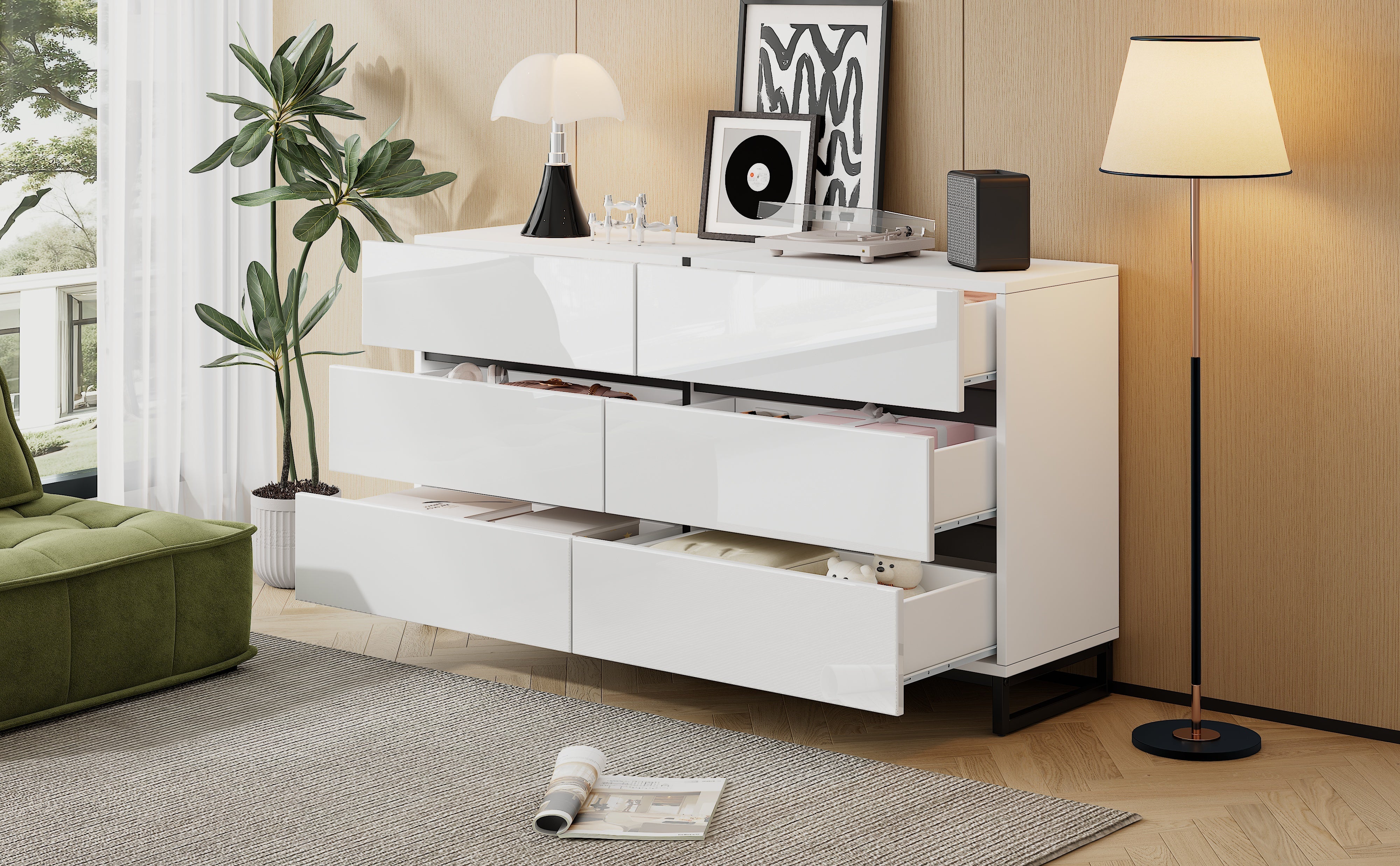 Logidon dressoir 140 cm hoogglans wit zwart met 6 lades