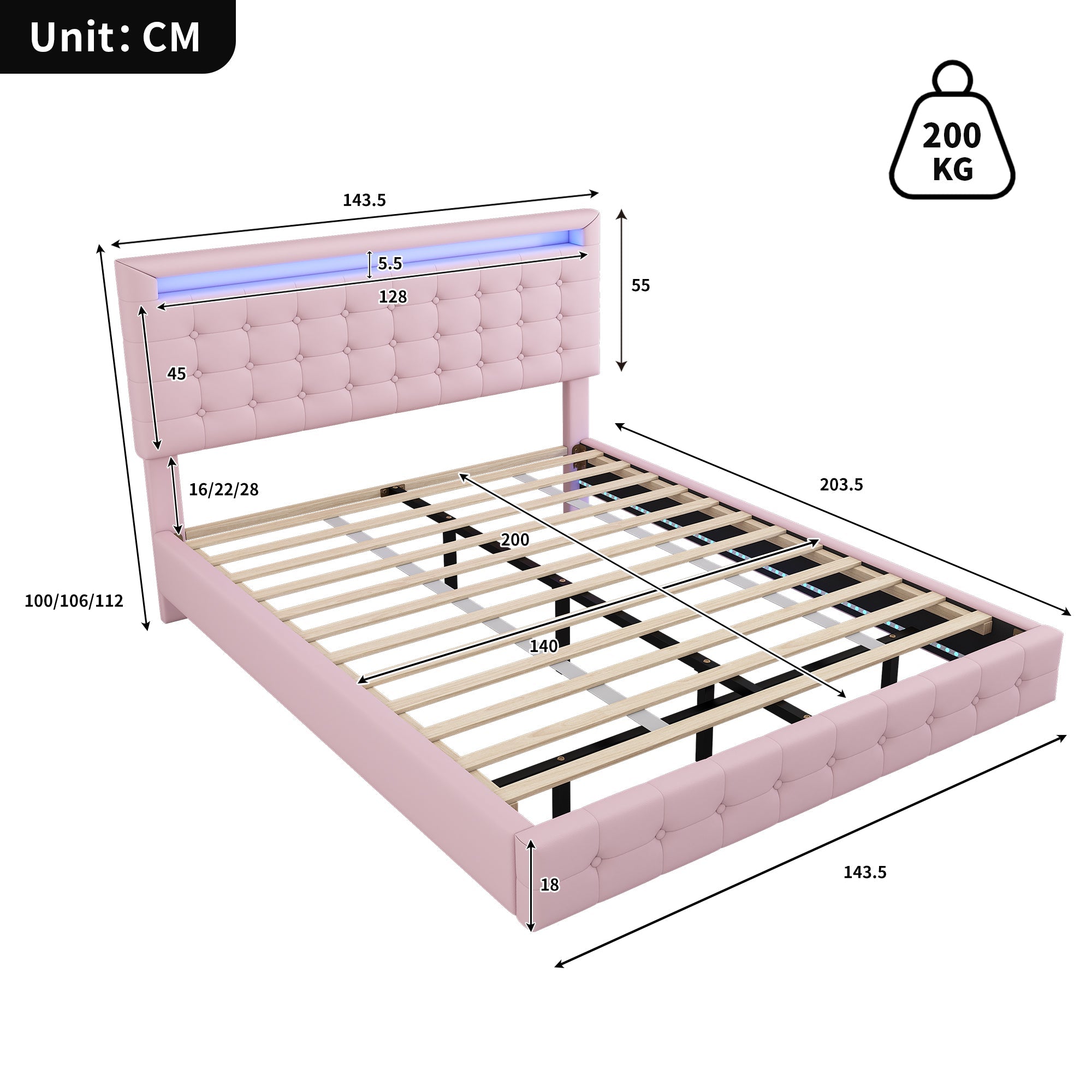 Logidon 140x200 cm flatbed roze LED-licht 24 knoppen afstandsbediening