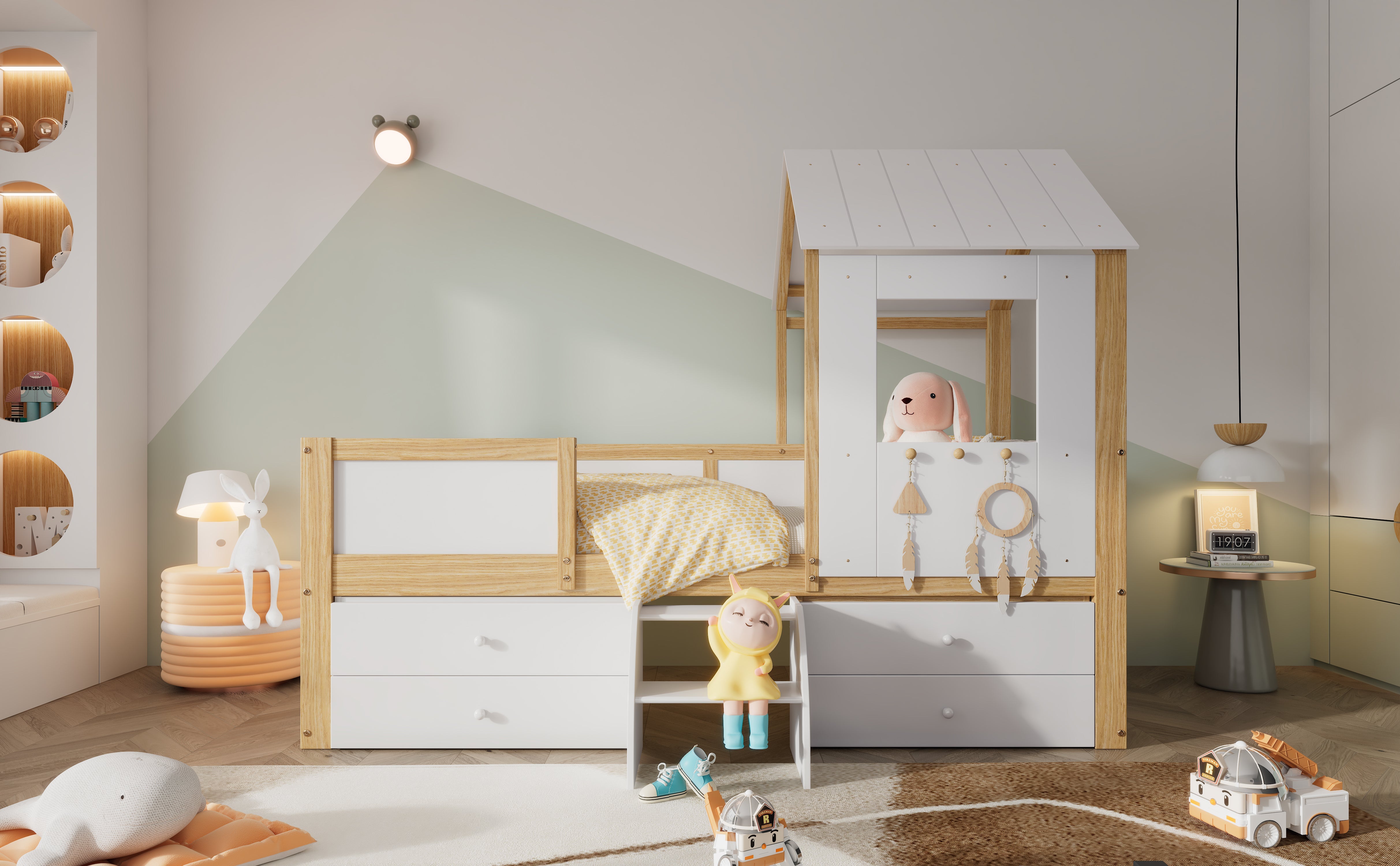 Logidon halfhoog huisbed 90x200 wit naturel met dak